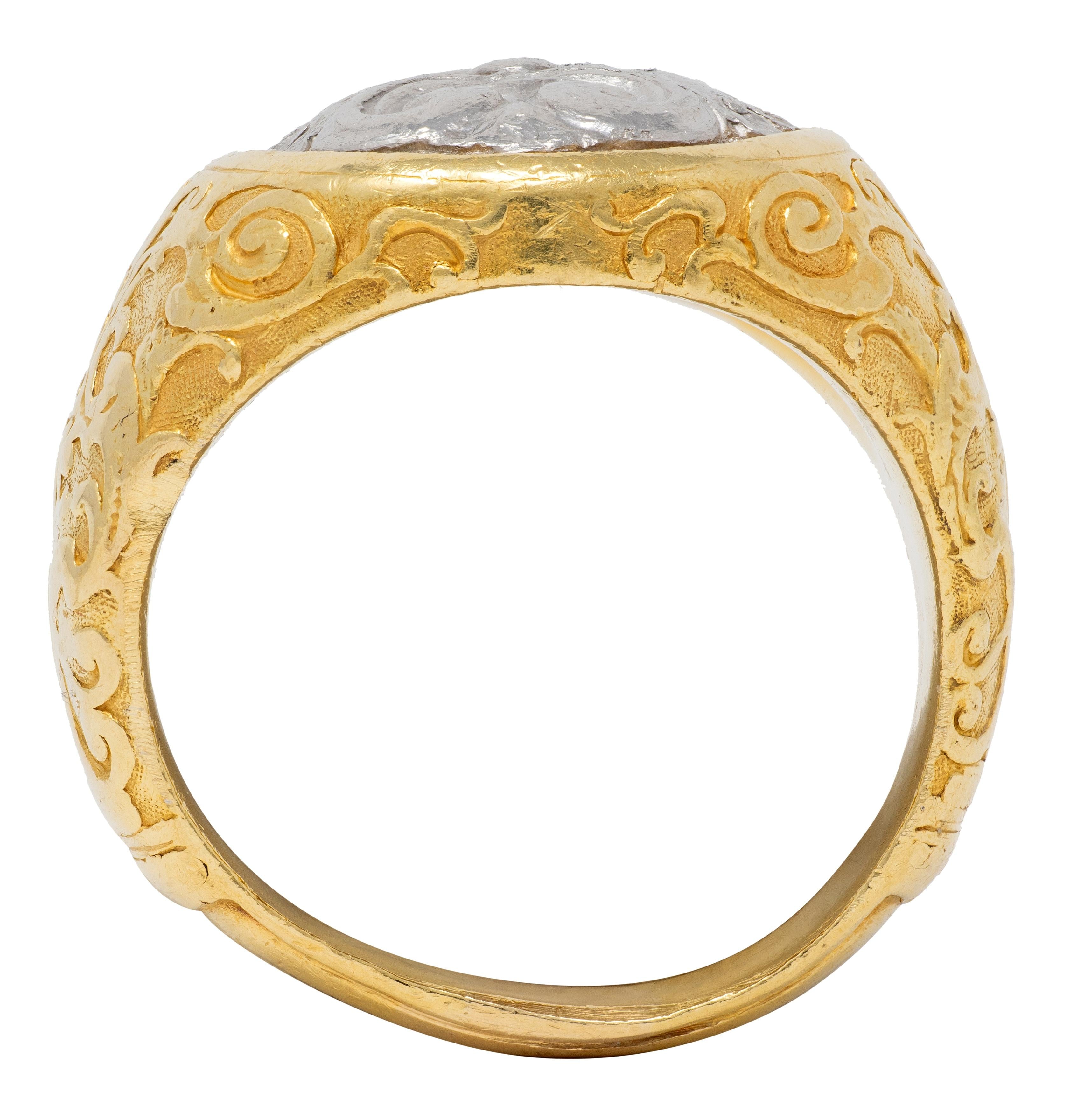 Paul Lantuch 2000's 18 Karat Yellow Gold Platinum Unisex Green Man Signet