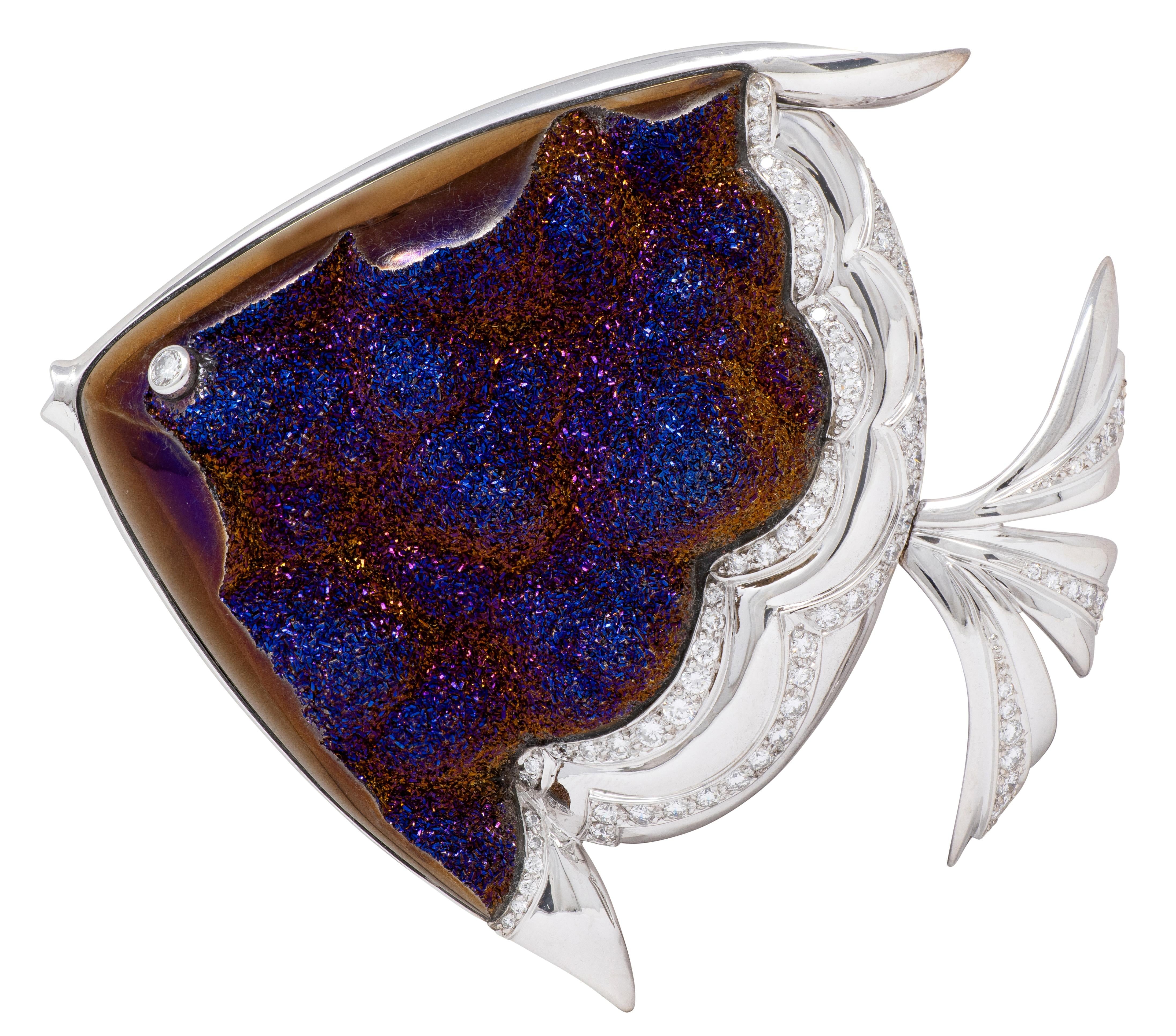 Mauboussin Paris 1990 Diamond Platinum Vintage Titania Drusy Quartz Fish Brooch