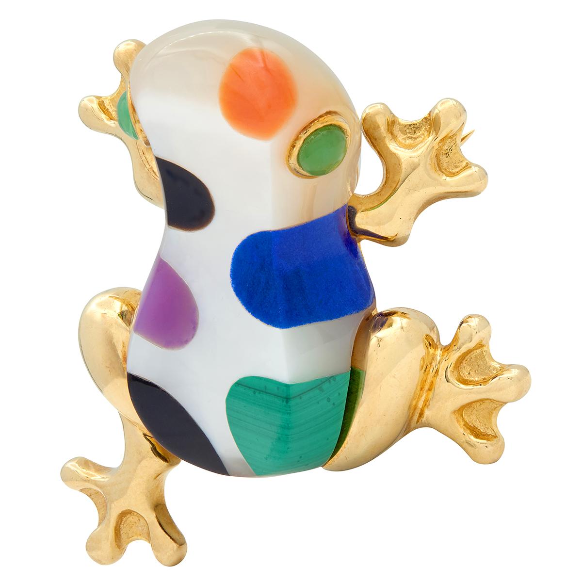 Asch Grossbardt 1980's Multi-Gem 14 Karat Yellow Gold Vintage Inlay Frog Brooch