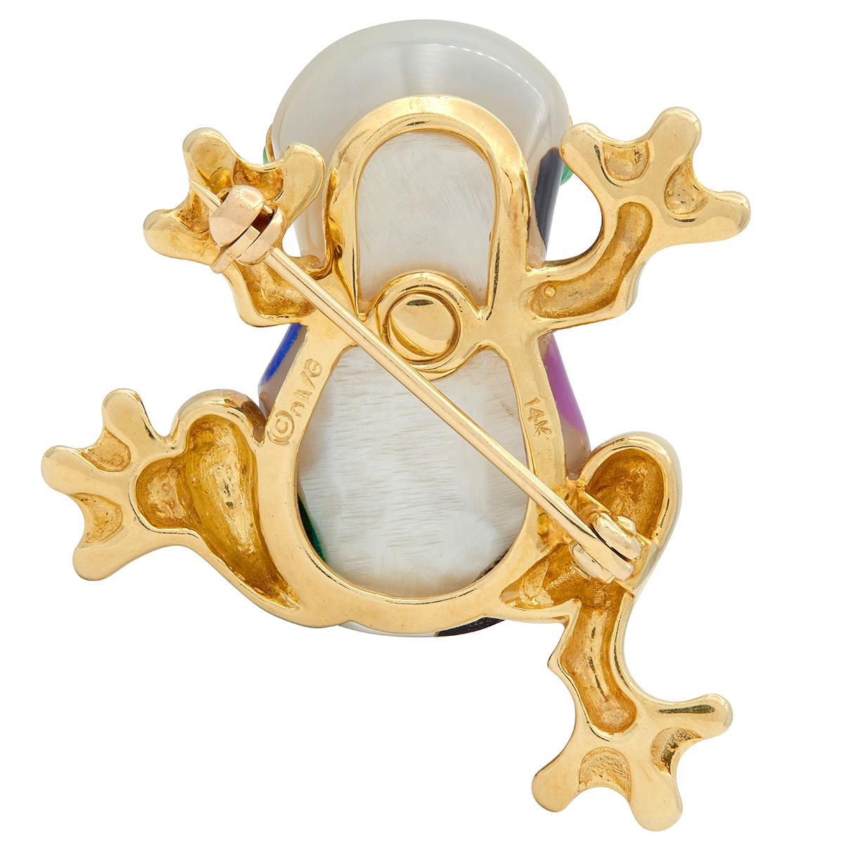 Asch Grossbardt 1980's Multi-Gem 14 Karat Yellow Gold Vintage Inlay Frog Brooch