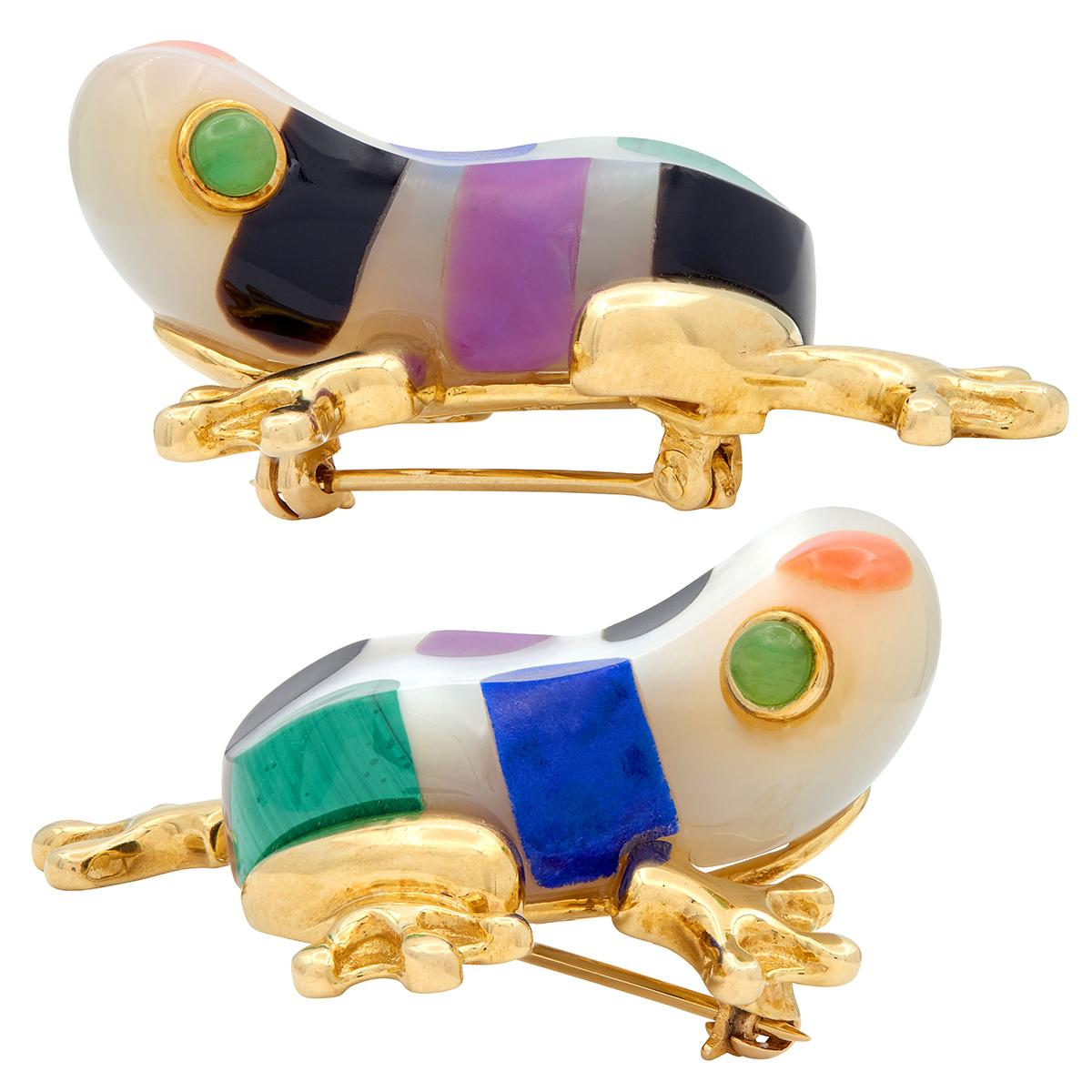 Asch Grossbardt 1980's Multi-Gem 14 Karat Yellow Gold Vintage Inlay Frog Brooch