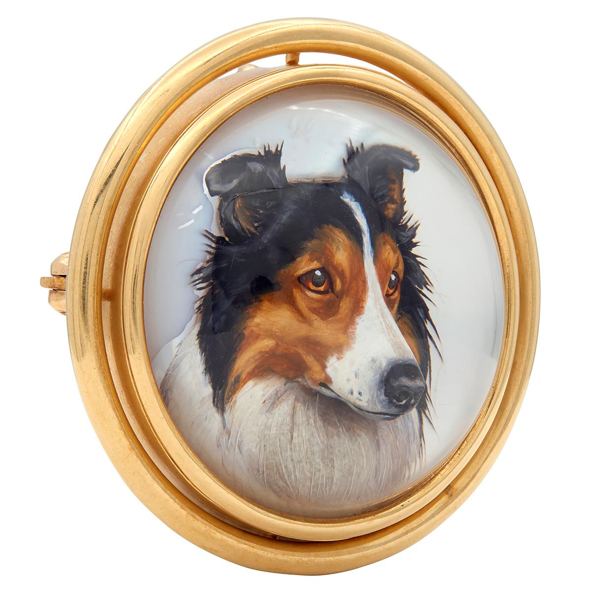 Krementz & Co. 1900's Essex Crystal 14K Yellow Gold Antique Collie Dog Brooch