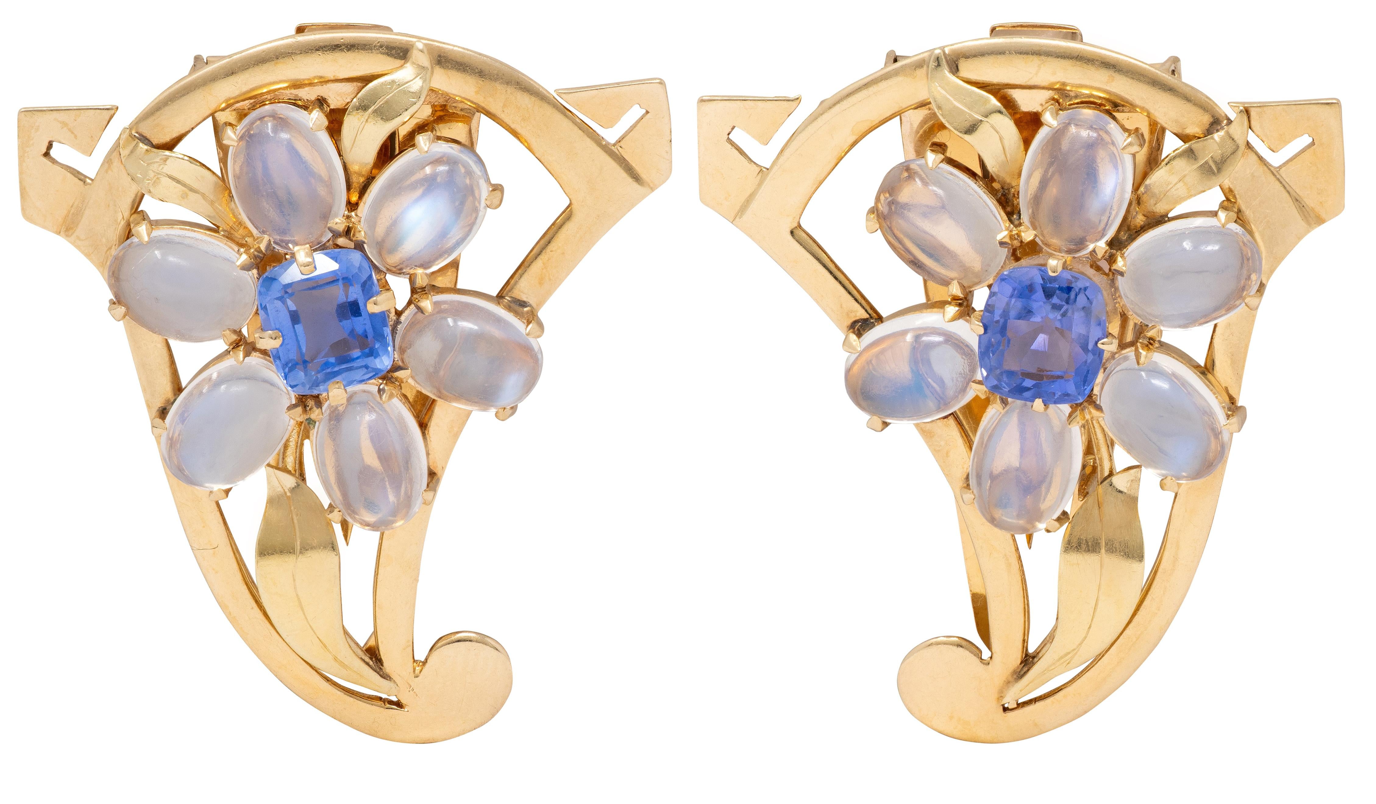 Retro Sapphire Moonstone 14 Karat Yellow Gold Vintage Floral Brooch Clips