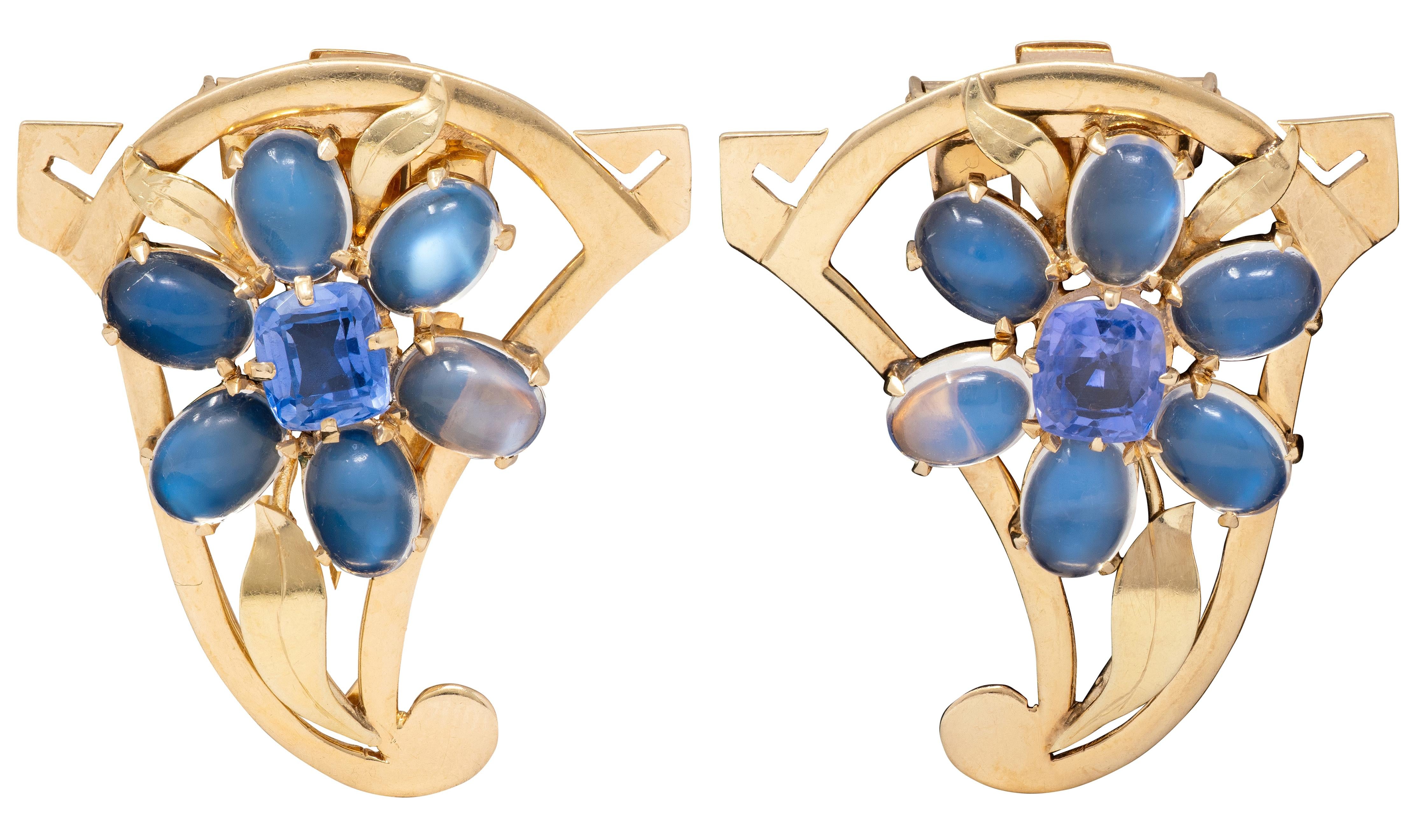 Retro Sapphire Moonstone 14 Karat Yellow Gold Vintage Floral Brooch Clips