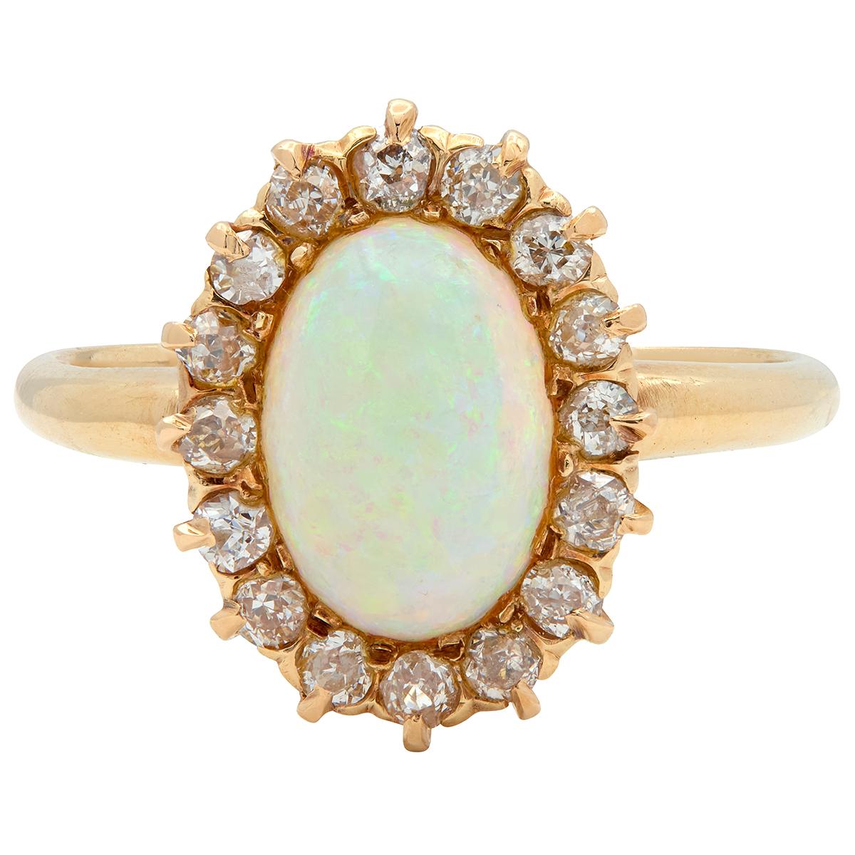 Edwardian Opal Diamond 14 Karat Yellow Gold Antique Halo Ring