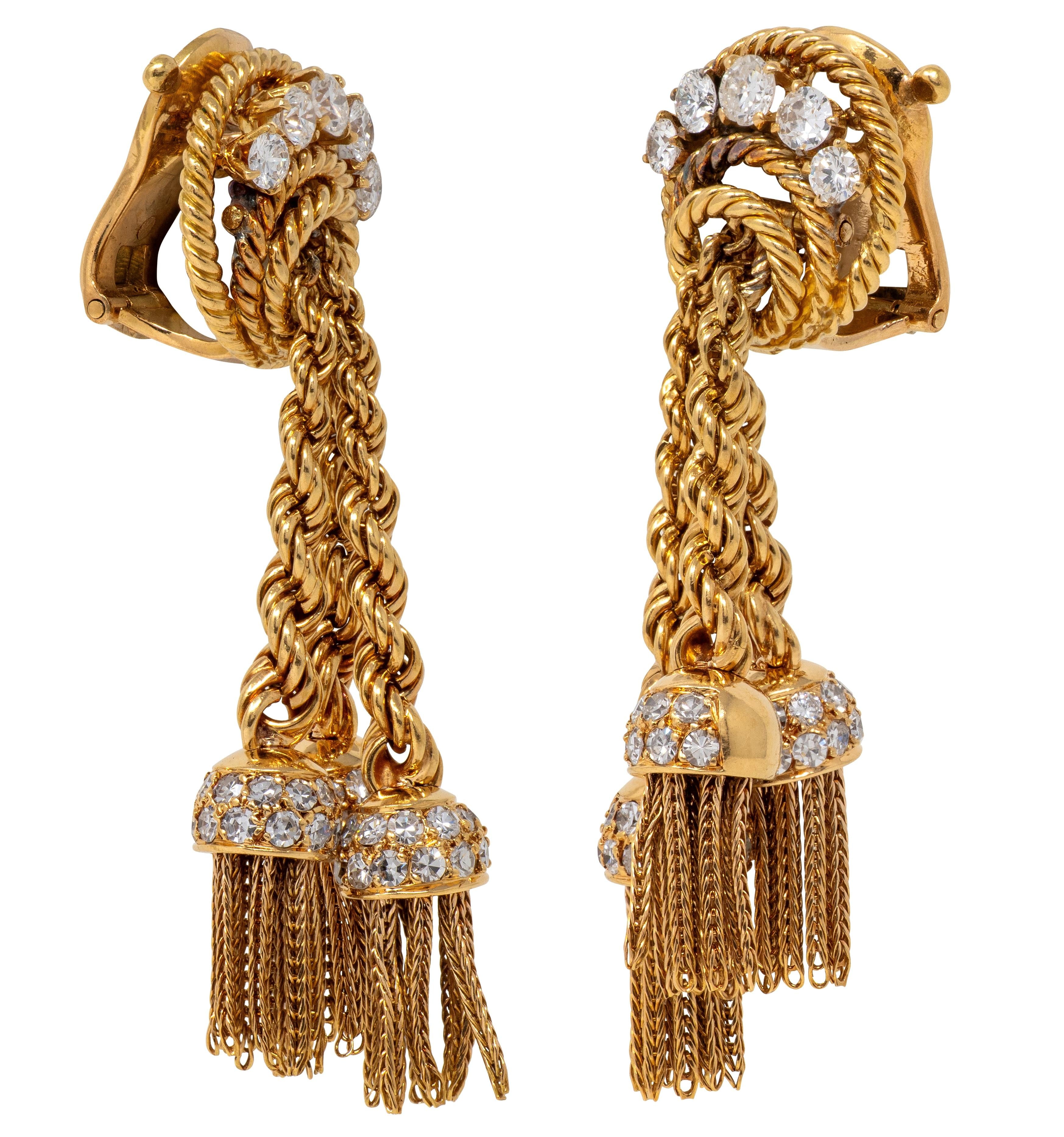 Van Cleef & Arpels L'Enfant 1950's Diamond 18K Gold Vintage Tassel Drop Earrings