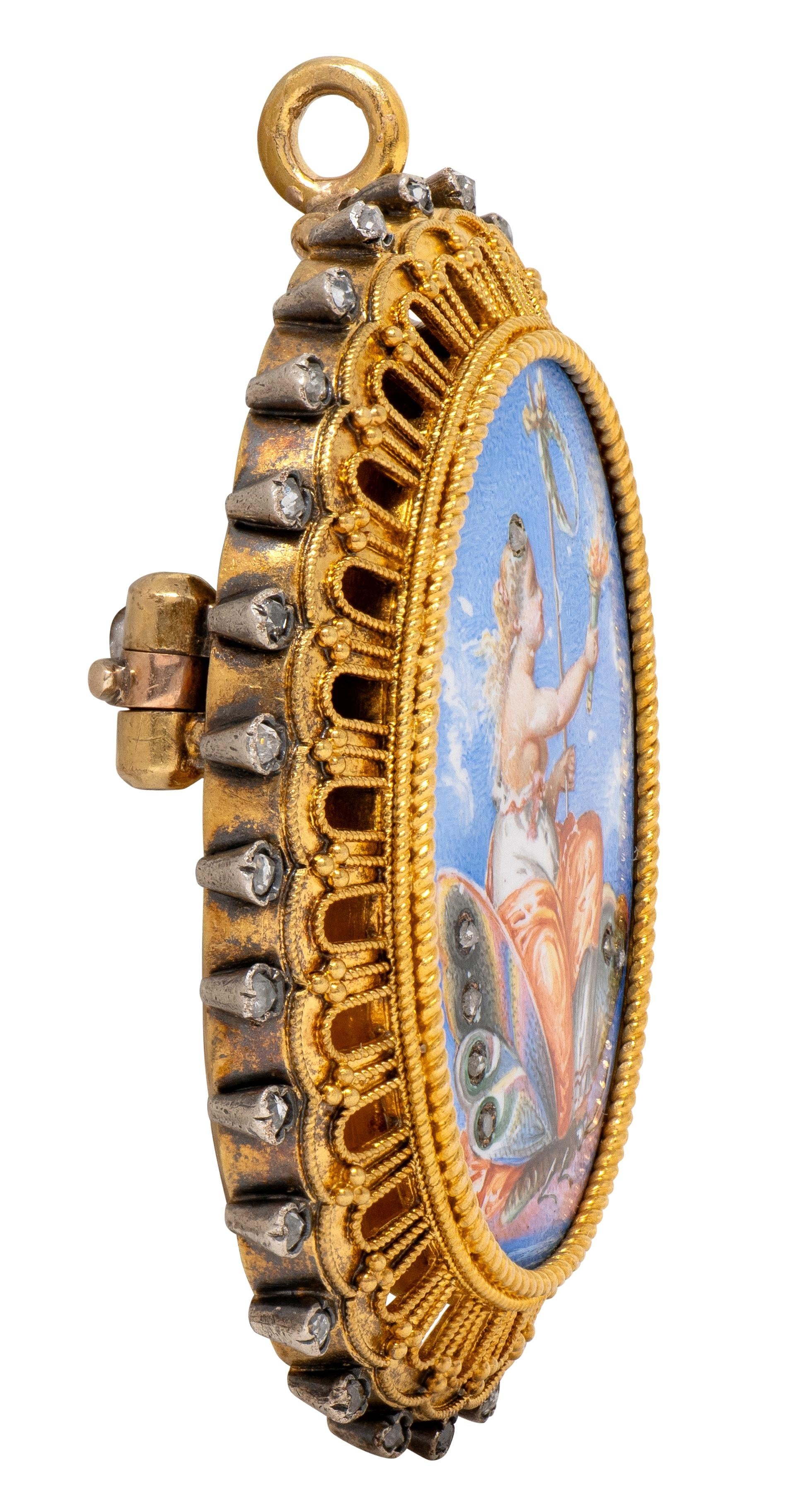 Victorian Diamond Enamel 18K Antique Psyche Portrait Locket Pendant Brooch