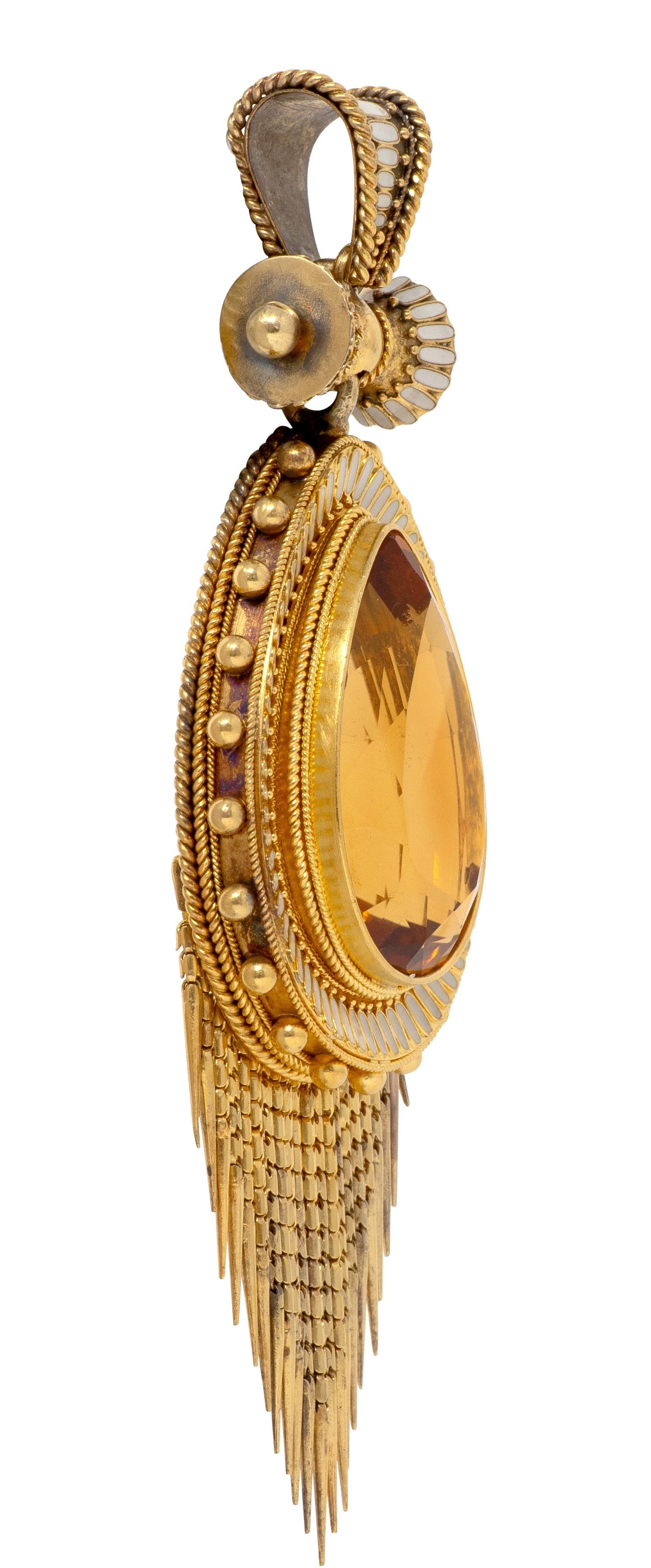 Victorian Etruscan Revival Citrine Enamel 14K Yellow Gold Antique Fringe Pendant