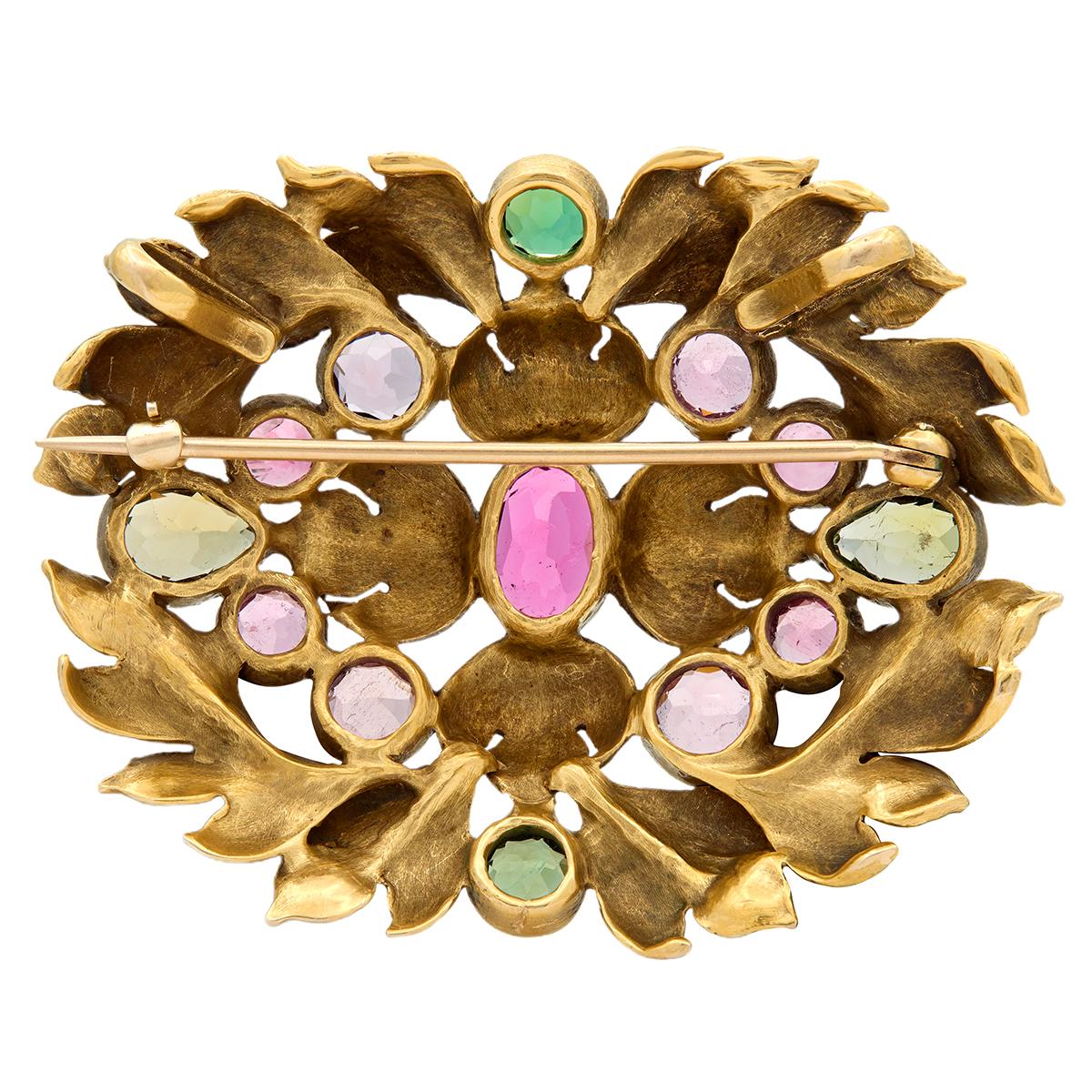 Arts & Crafts Multi-Gem Tourmalines 14 Karat Yellow Gold Foliate Antique Brooch