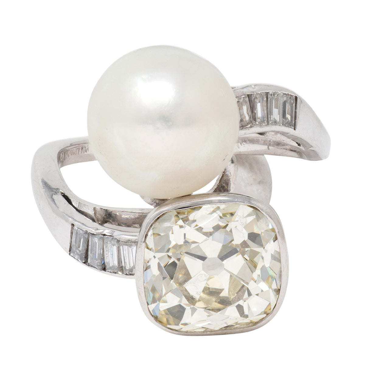 Mid-Century 3.52 CTW Diamond Natural Pearl Platinum Toi-Et-Moi Vintage Ring GIA