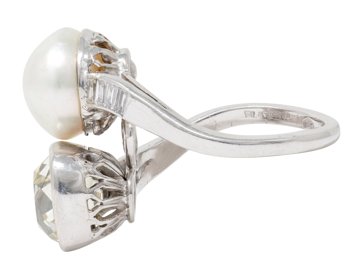 Mid-Century 3.52 CTW Diamond Natural Pearl Platinum Toi-Et-Moi Vintage Ring GIA