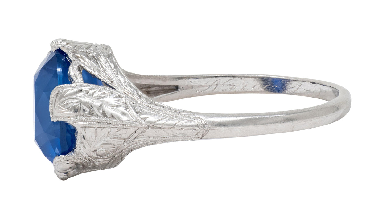 Art Deco 4.43 CTW No Heat Ceylon Sapphire Platinum Foliate Vintage Ring GIA