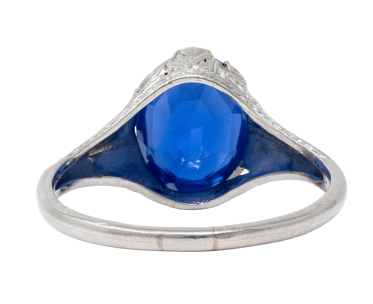 Art Deco 4.43 CTW No Heat Ceylon Sapphire Platinum Foliate Vintage Ring GIA