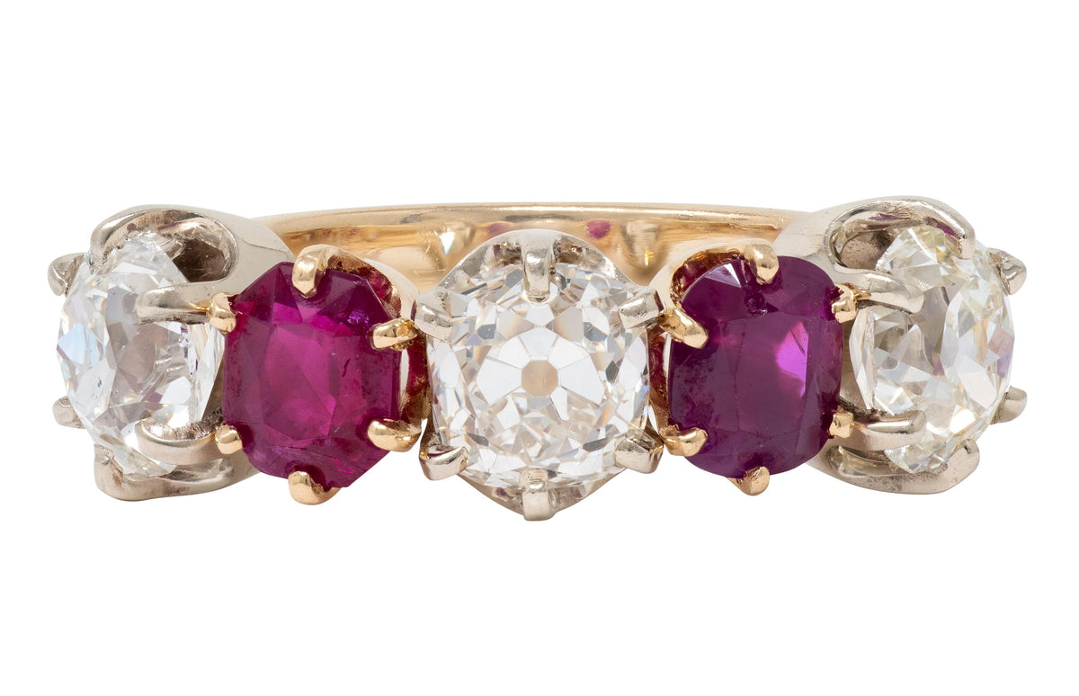 Victorian 3.62 CTW Ruby Old Mine Cut Diamond 14K Gold Antique Band Ring