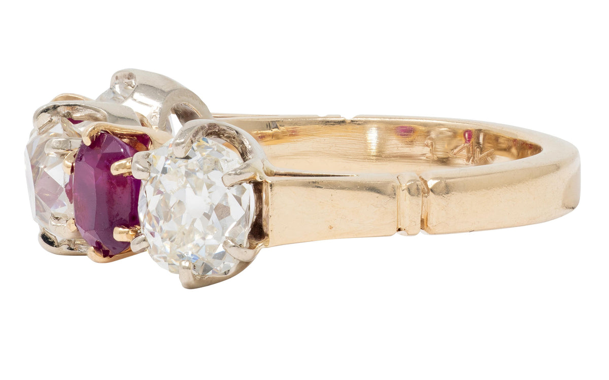Victorian 3.62 CTW Ruby Old Mine Cut Diamond 14K Gold Antique Band Ring