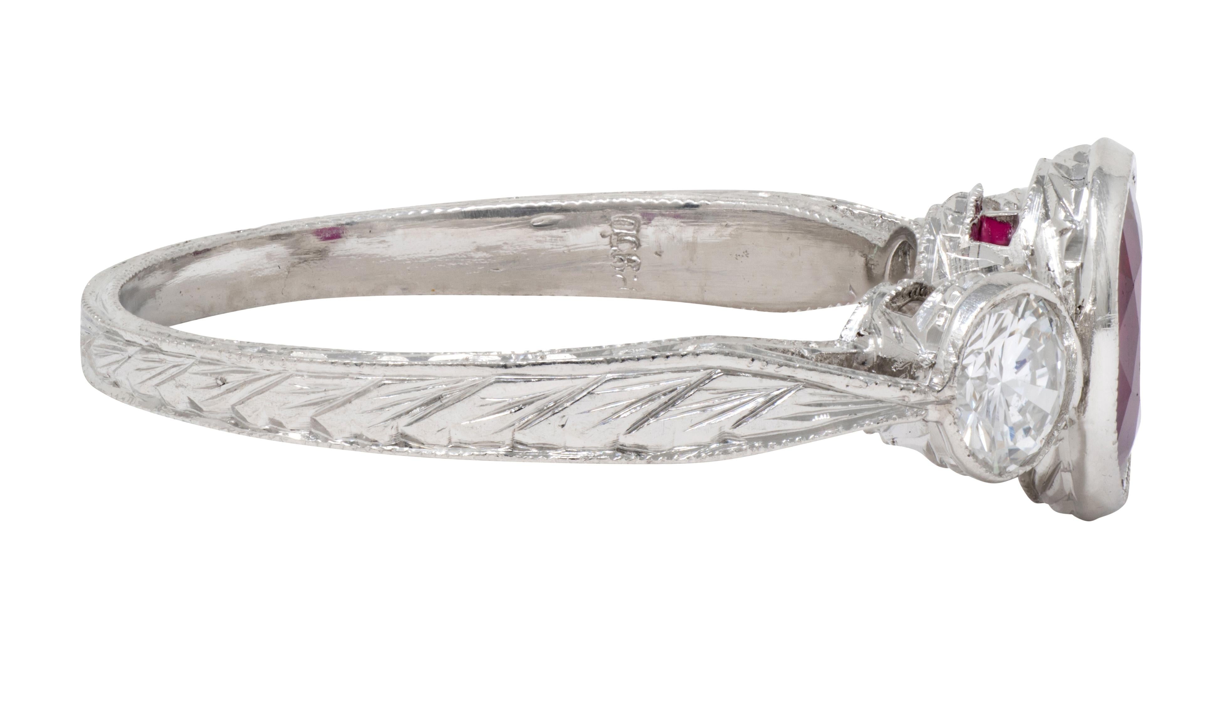 Contemporary 1.53 CTW Ruby Diamond Platinum Three Stone Ring