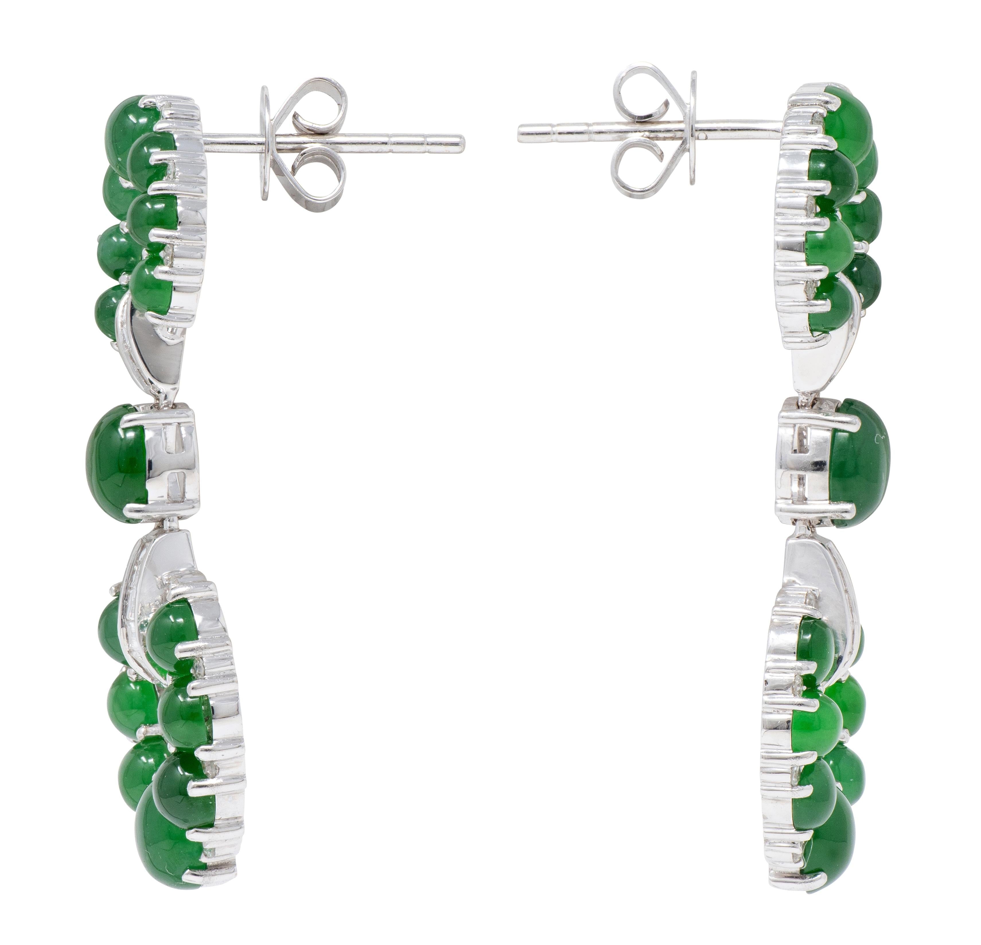 Contemporary Round Brilliant Cut Diamond Jade 18 Karat White Gold Drop Earrings