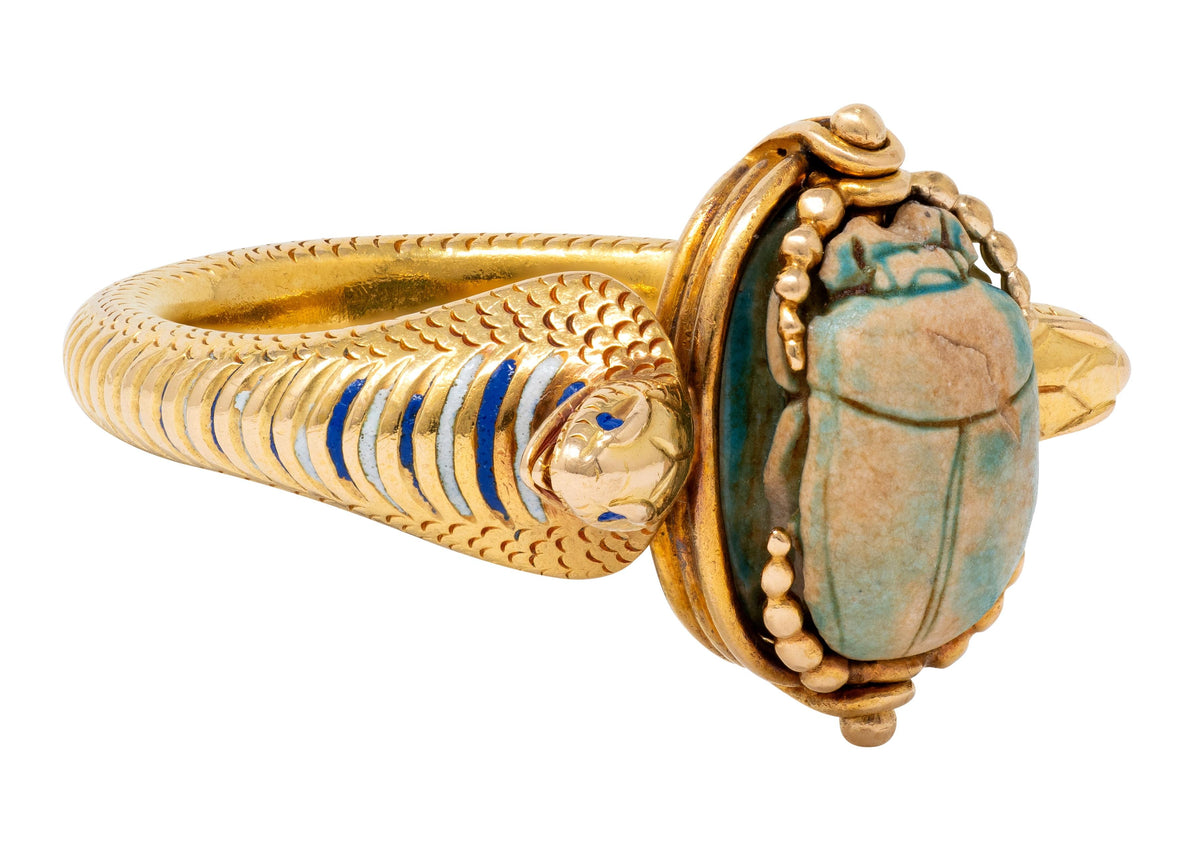 Early Art Deco Egyptian Revival Hardstone Enamel 18K Antique Scarab Snake Ring