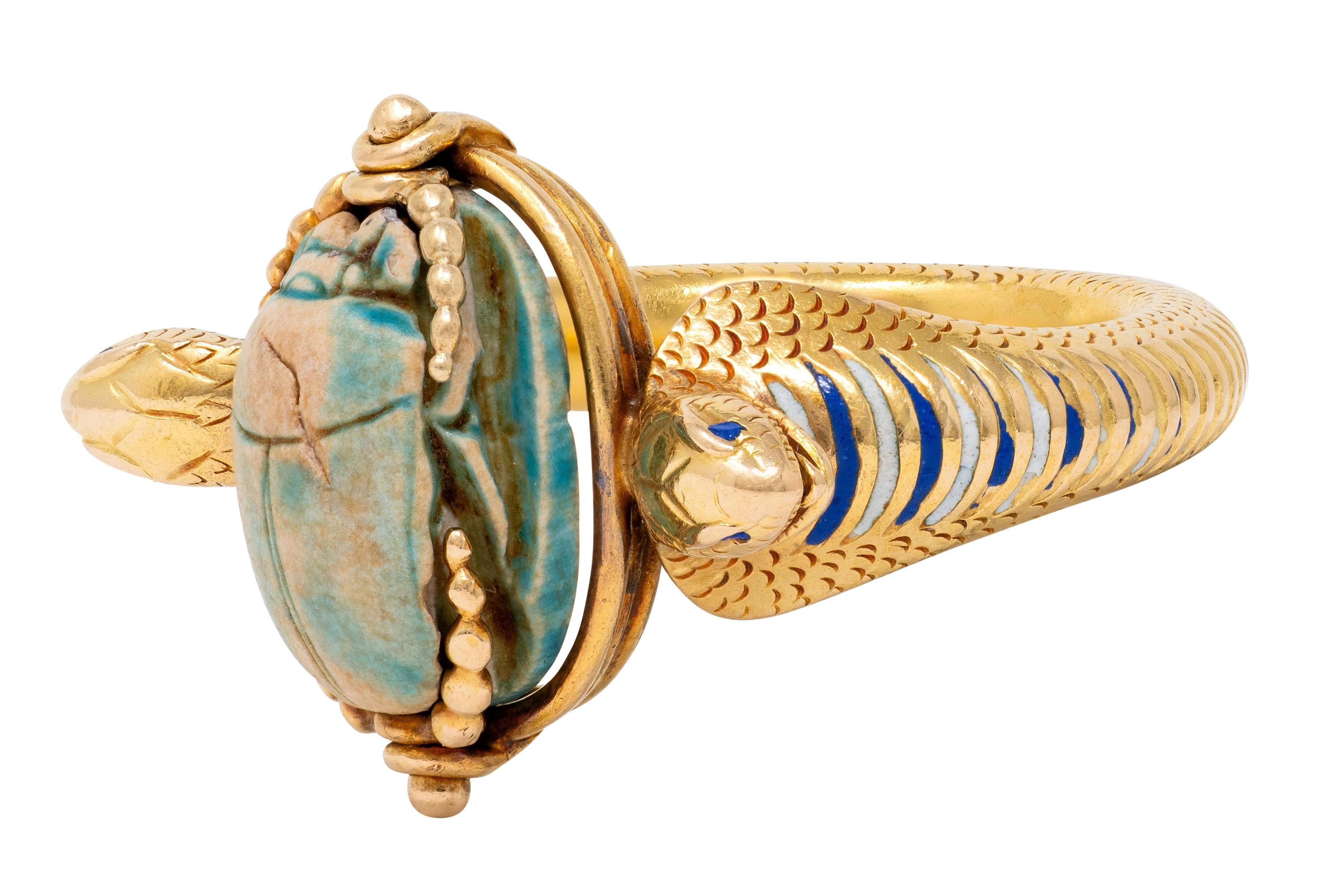 Early Art Deco Egyptian Revival Hardstone Enamel 18K Antique Scarab Snake Ring