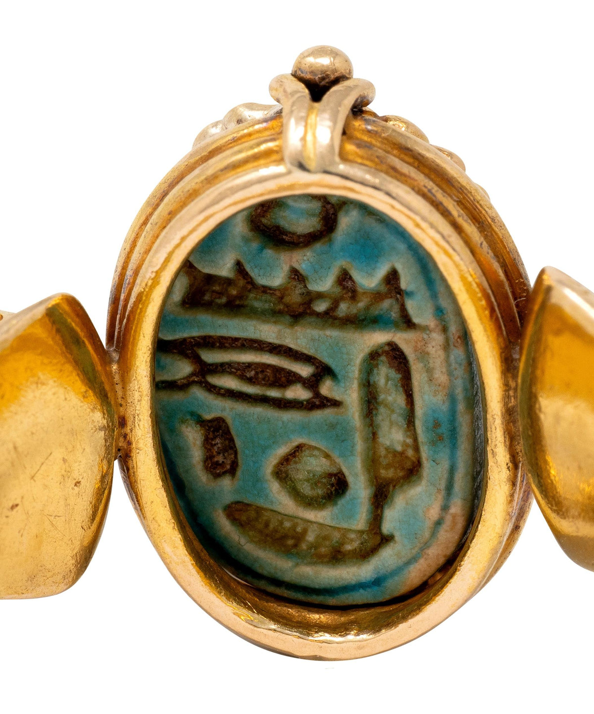 Early Art Deco Egyptian Revival Hardstone Enamel 18K Antique Scarab Snake Ring