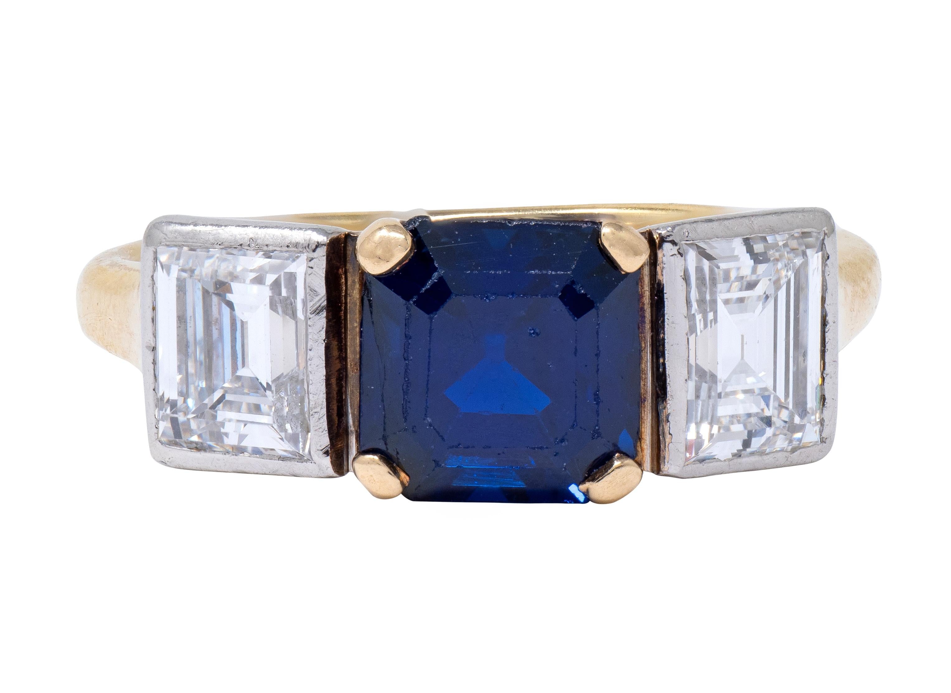Mid-Century 2.93 CTW No Heat Sapphire Diamond Platinum 14K Gold Vintage Ring GIA