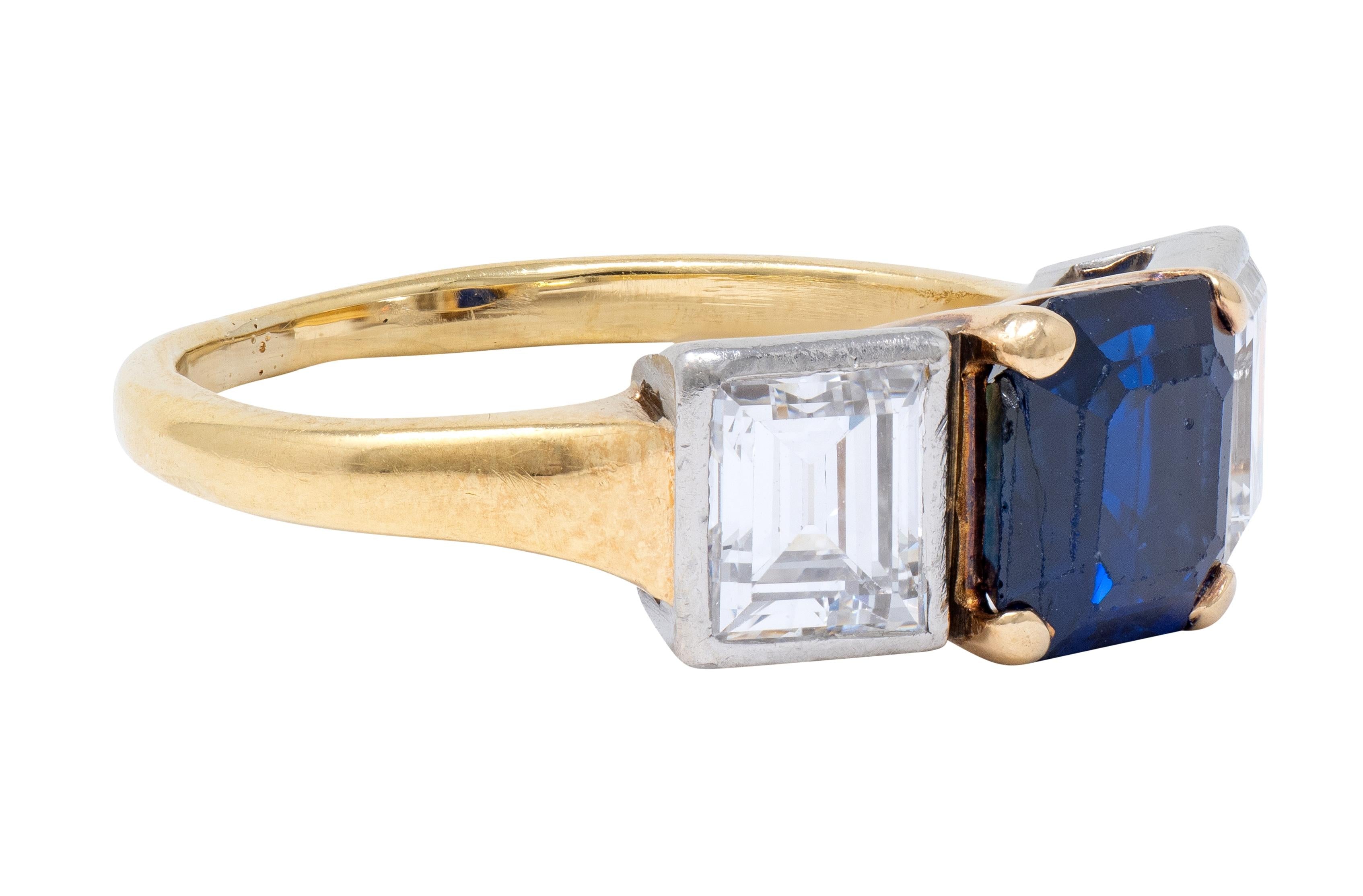 Mid-Century 2.93 CTW No Heat Sapphire Diamond Platinum 14K Gold Vintage Ring GIA