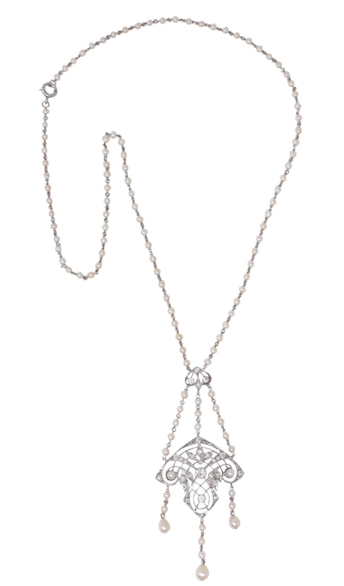 Tiffany & Co. Edwardian Diamond Pearl Platinum Antique Fringe Lavalier Necklace