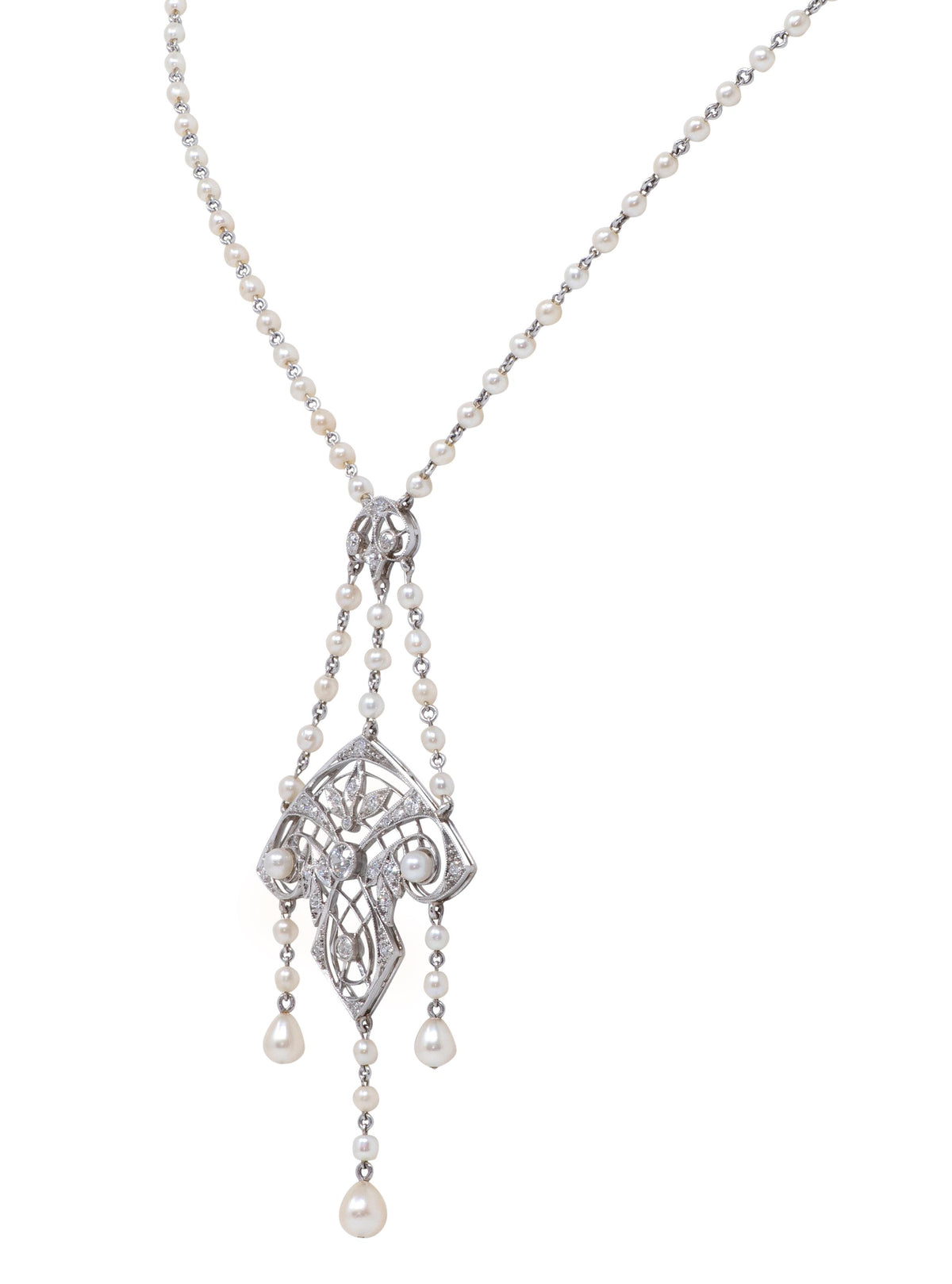 Tiffany & Co. Edwardian Diamond Pearl Platinum Antique Fringe Lavalier Necklace