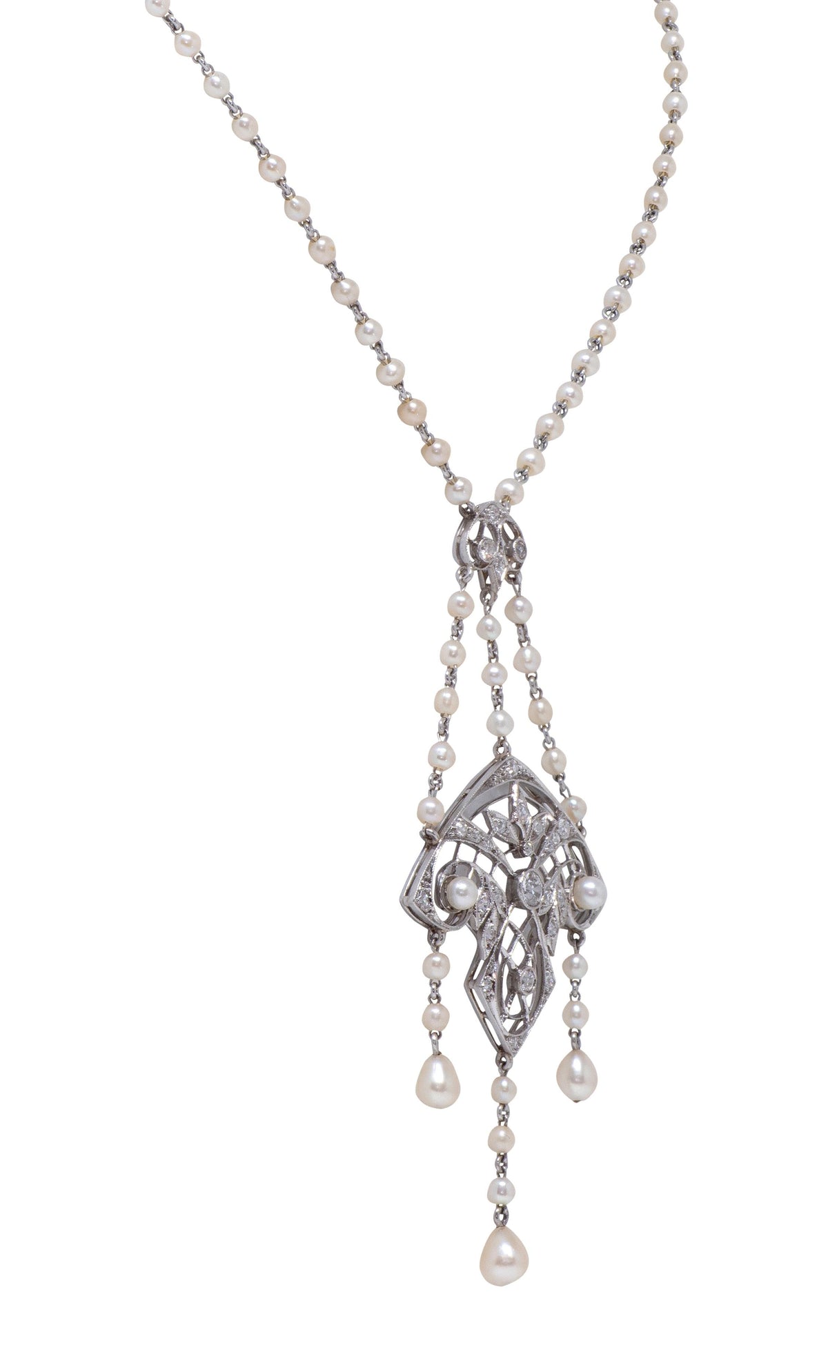 Tiffany & Co. Edwardian Diamond Pearl Platinum Antique Fringe Lavalier Necklace