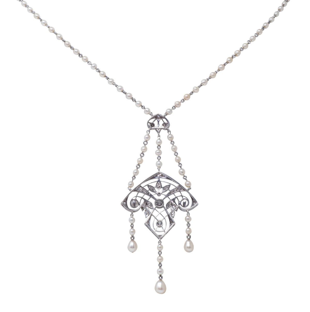 Tiffany & Co. Edwardian Diamond Pearl Platinum Antique Fringe Lavalier Necklace