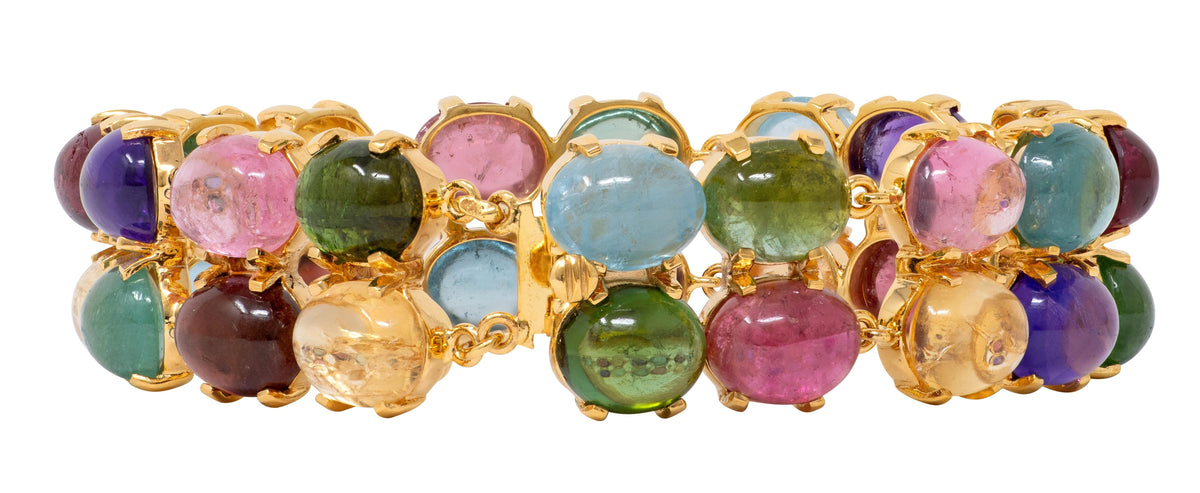 2000's Multi-Gem 14 Karat Yellow Gold Vintage Cabochon Link Bracelet