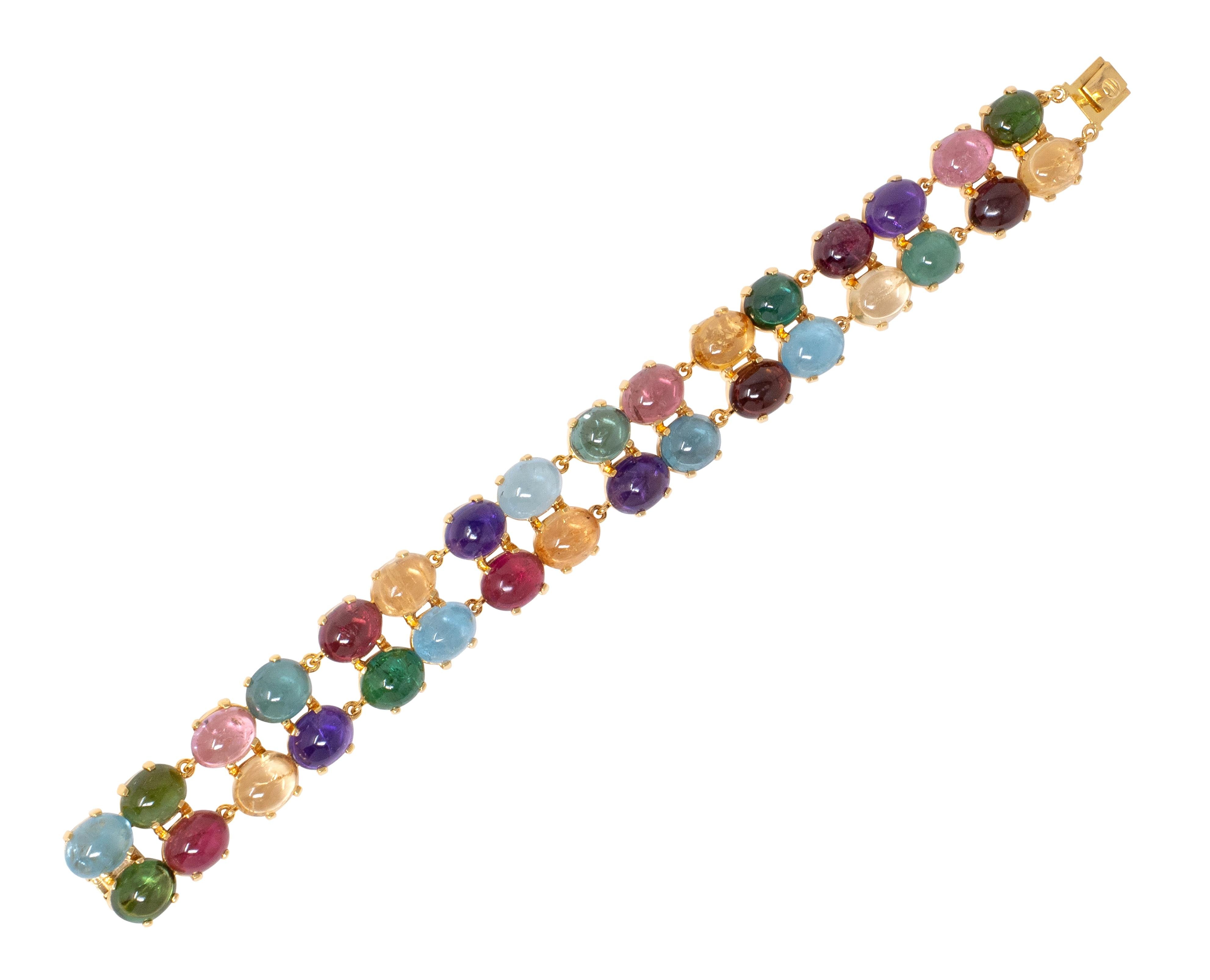 2000's Multi-Gem 14 Karat Yellow Gold Vintage Cabochon Link Bracelet