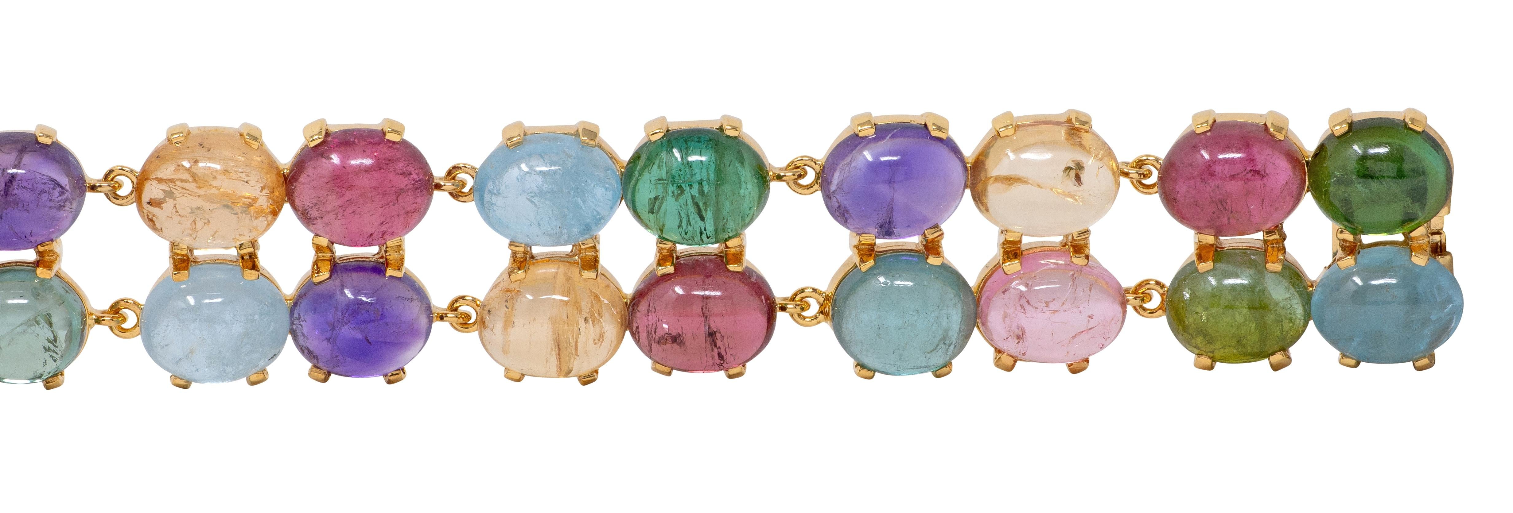 2000's Multi-Gem 14 Karat Yellow Gold Vintage Cabochon Link Bracelet