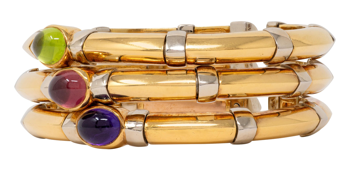 Bulgari 1970's Multi-Gem 18 Karat Gold Vintage Stacked Tri-Strand Cuff Bracelet