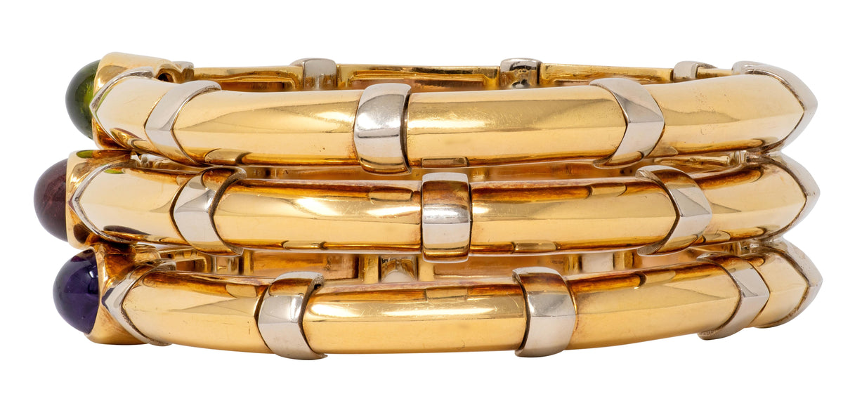 Bulgari 1970's Multi-Gem 18 Karat Gold Vintage Stacked Tri-Strand Cuff Bracelet