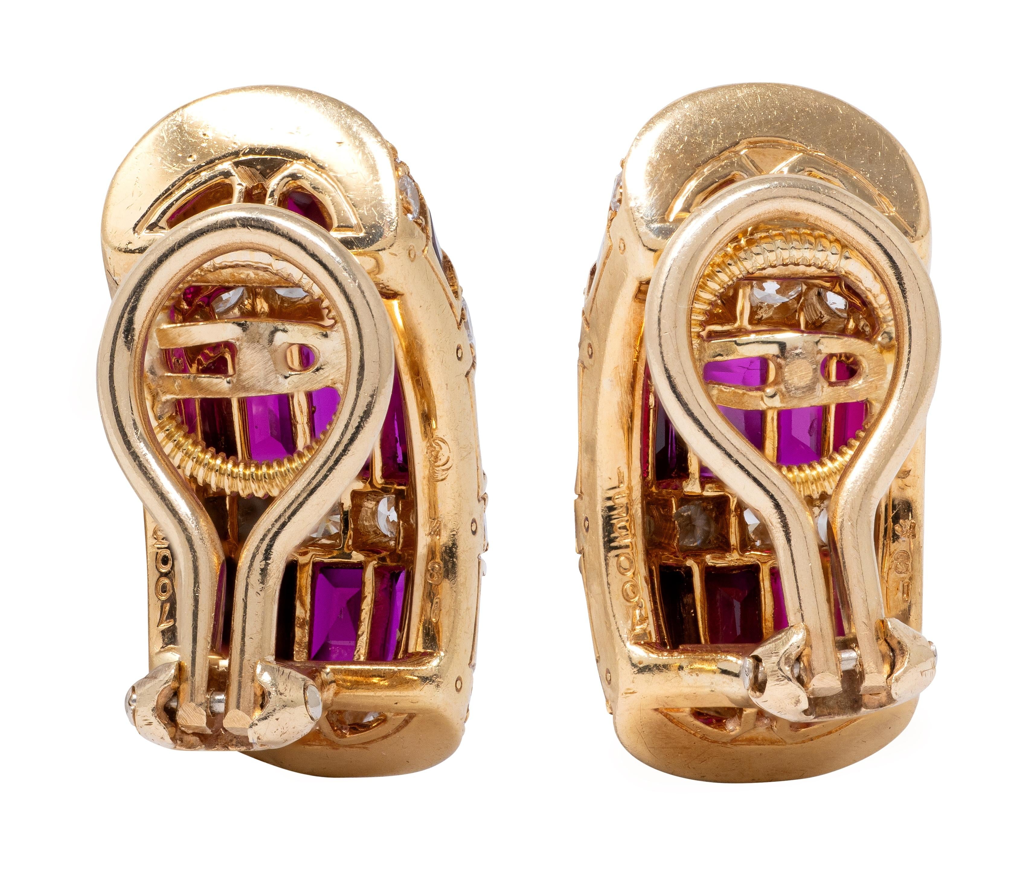 Oscar Heyman 1980's Ruby Diamond 18K Gold Vintage J-Hoop Ear-Clip Earrings