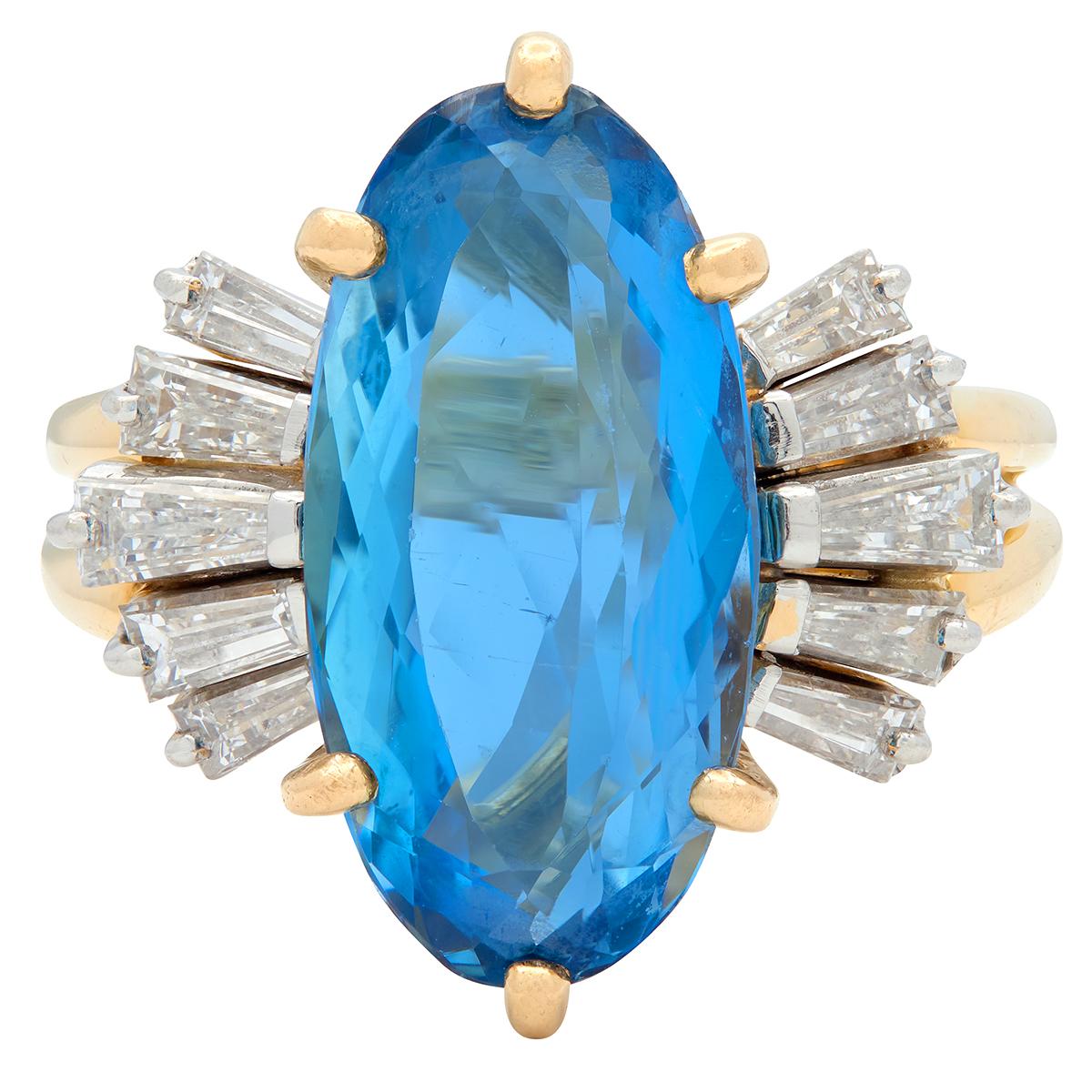 Oscar Heyman Aquamarine Diamond 18K Yellow Gold Platinum Vintage Cocktail Ring