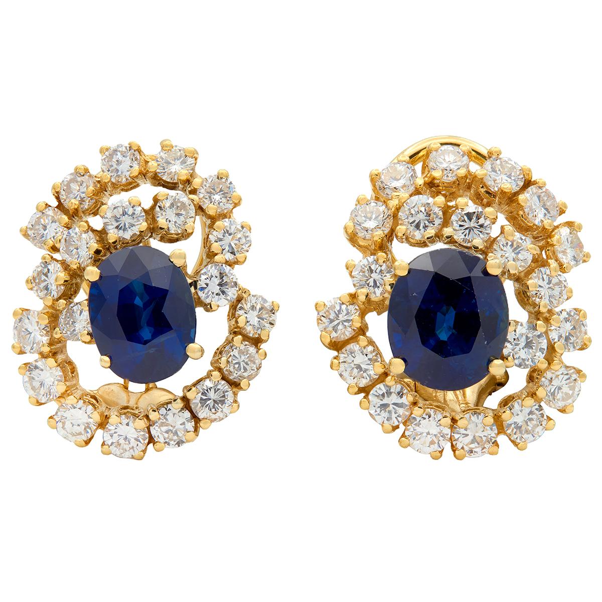 1990's 5.60 CTW Sapphire Diamond 18K Gold Vintage Swirling Halo Earrings