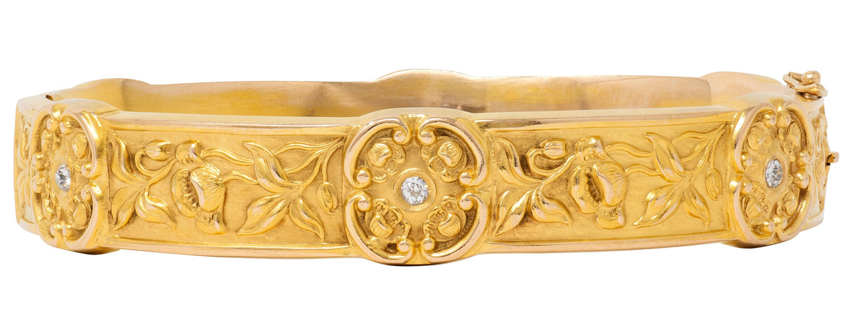 Art Nouveau Diamond 14 Karat Yellow Gold Antique Poppy Station Bangle Bracelet