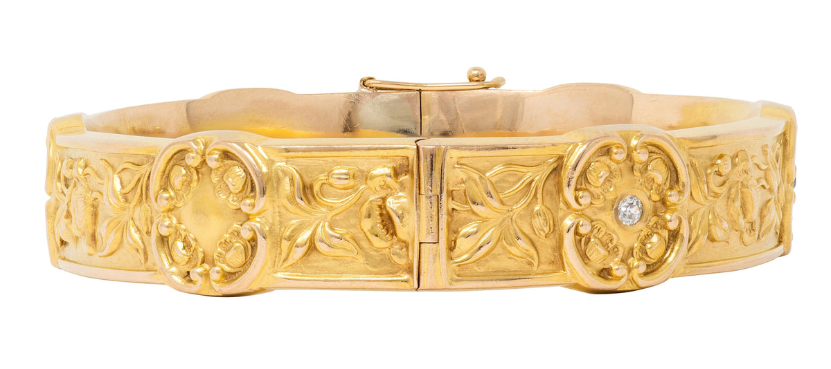 Art Nouveau Diamond 14 Karat Yellow Gold Antique Poppy Station Bangle Bracelet