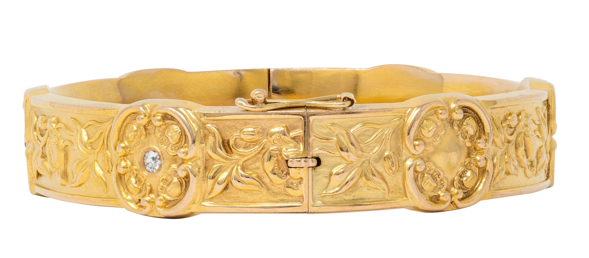 Art Nouveau Diamond 14 Karat Yellow Gold Antique Poppy Station Bangle Bracelet