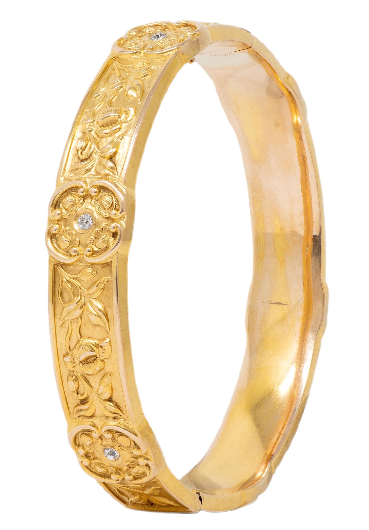 Art Nouveau Diamond 14 Karat Yellow Gold Antique Poppy Station Bangle Bracelet