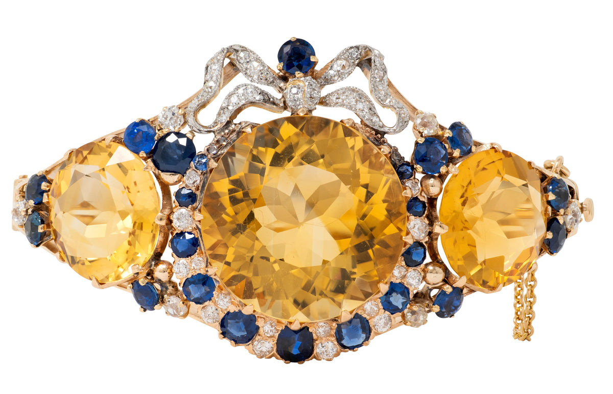 Edwardian Citrine Sapphire Diamond Platinum 14K Gold Antique Bow Bangle Bracelet