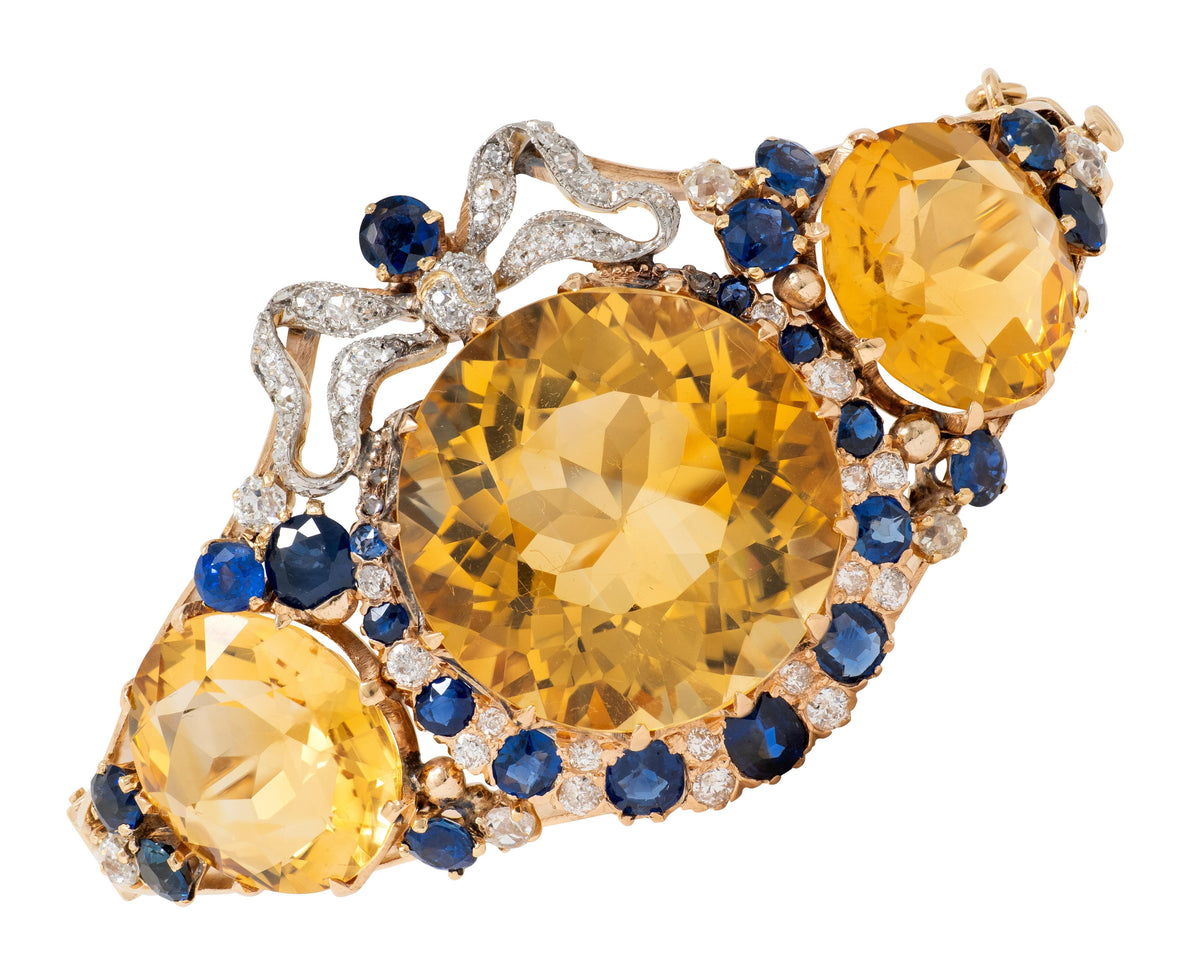 Edwardian Citrine Sapphire Diamond Platinum 14K Gold Antique Bow Bangle Bracelet