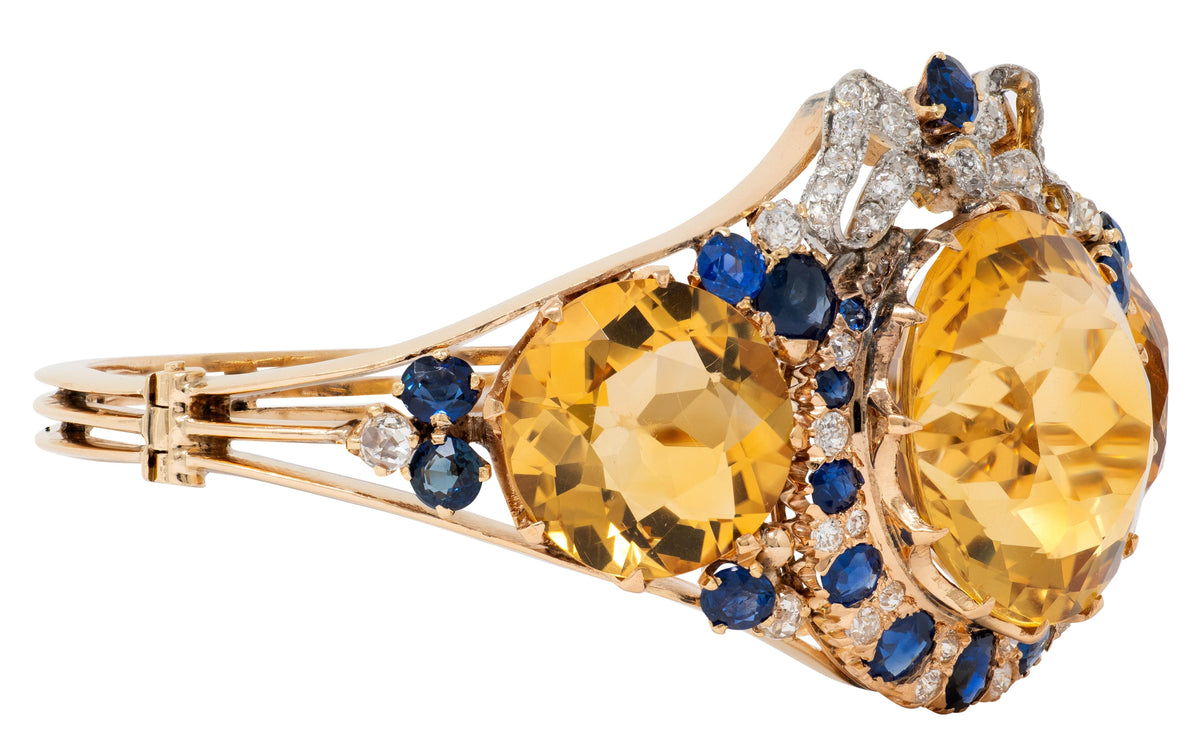 Edwardian Citrine Sapphire Diamond Platinum 14K Gold Antique Bow Bangle Bracelet