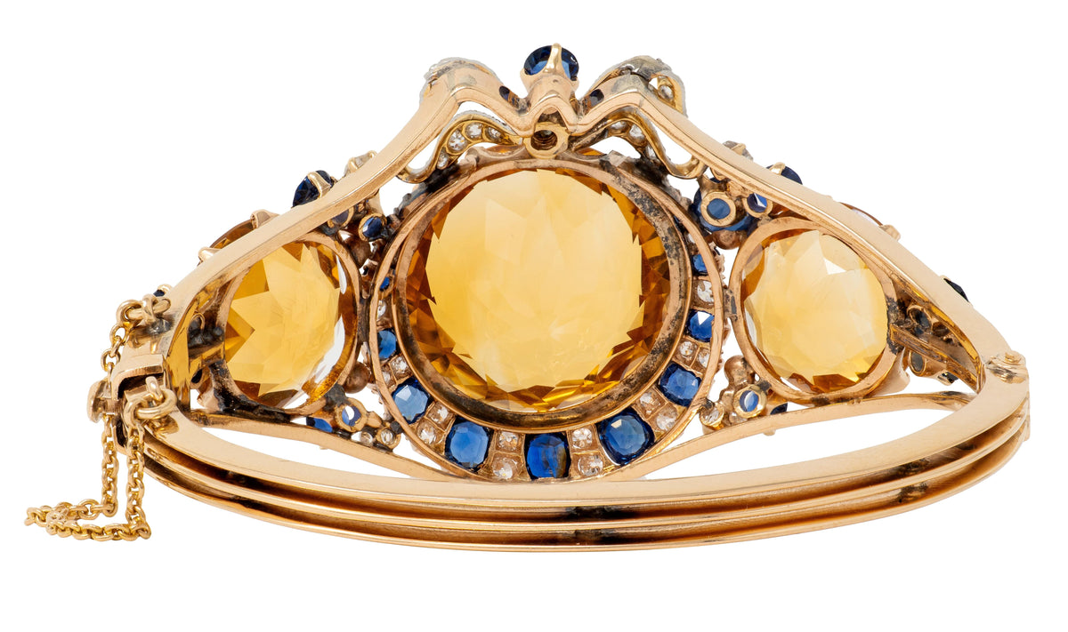 Edwardian Citrine Sapphire Diamond Platinum 14K Gold Antique Bow Bangle Bracelet