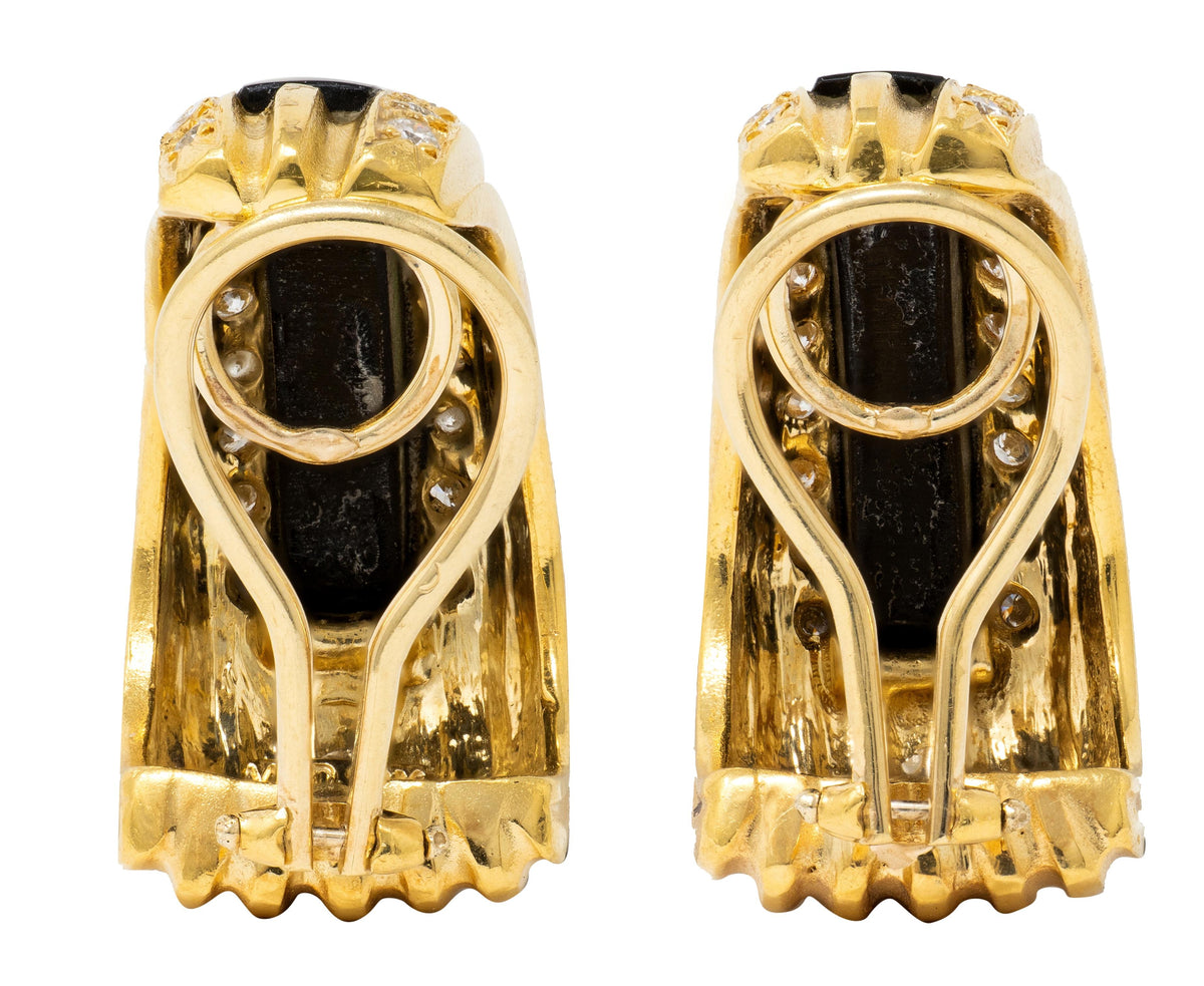 1980's Diamond Onyx 18 Karat Yellow Gold Vintage J-Hoop Ear-Clip Earrings