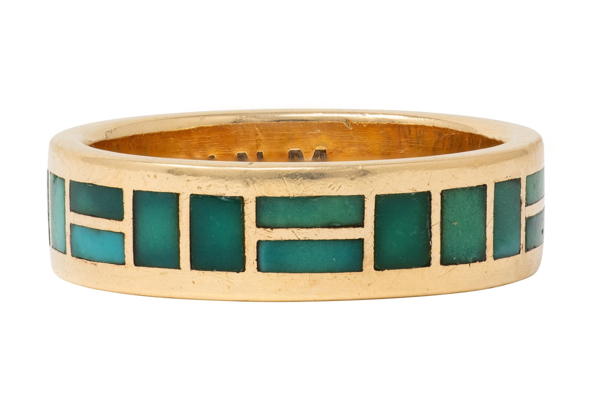 Zuni Sheldon & Nancy Westika 1981 Turquoise 14K Gold Vintage Inlay Band Ring