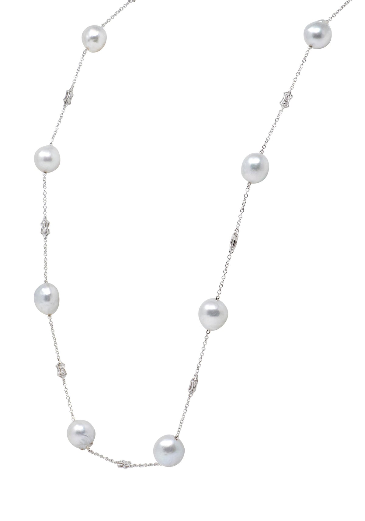 Ed Cora Baroque Pearl Diamond 18 Karat White Gold Contemporary Station Necklace