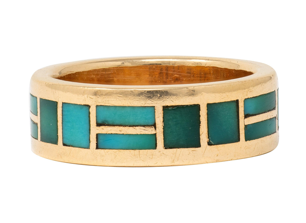 Zuni Sheldon & Nancy Westika 1981 Turquoise 14K Gold Vintage Inlay Band Ring